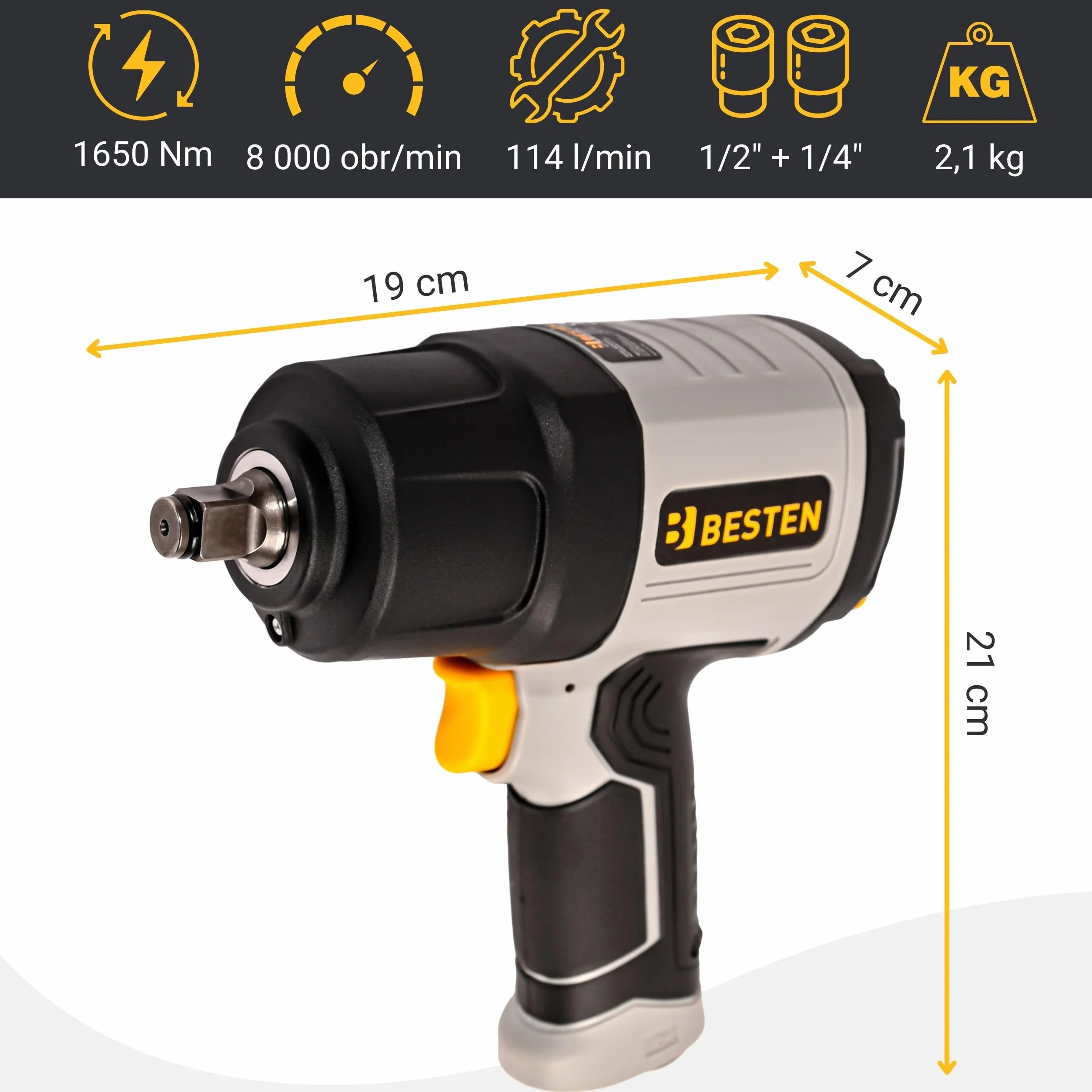 Klucz udarowy pneumatyczny 1650 Nm • Twin Hammer • Quick Switch 3 biegi • 1/2″ napęd • 8000 obr./min • 114 l/min • 2 kg • Profesjonalny klucz BESTEN BE0002884