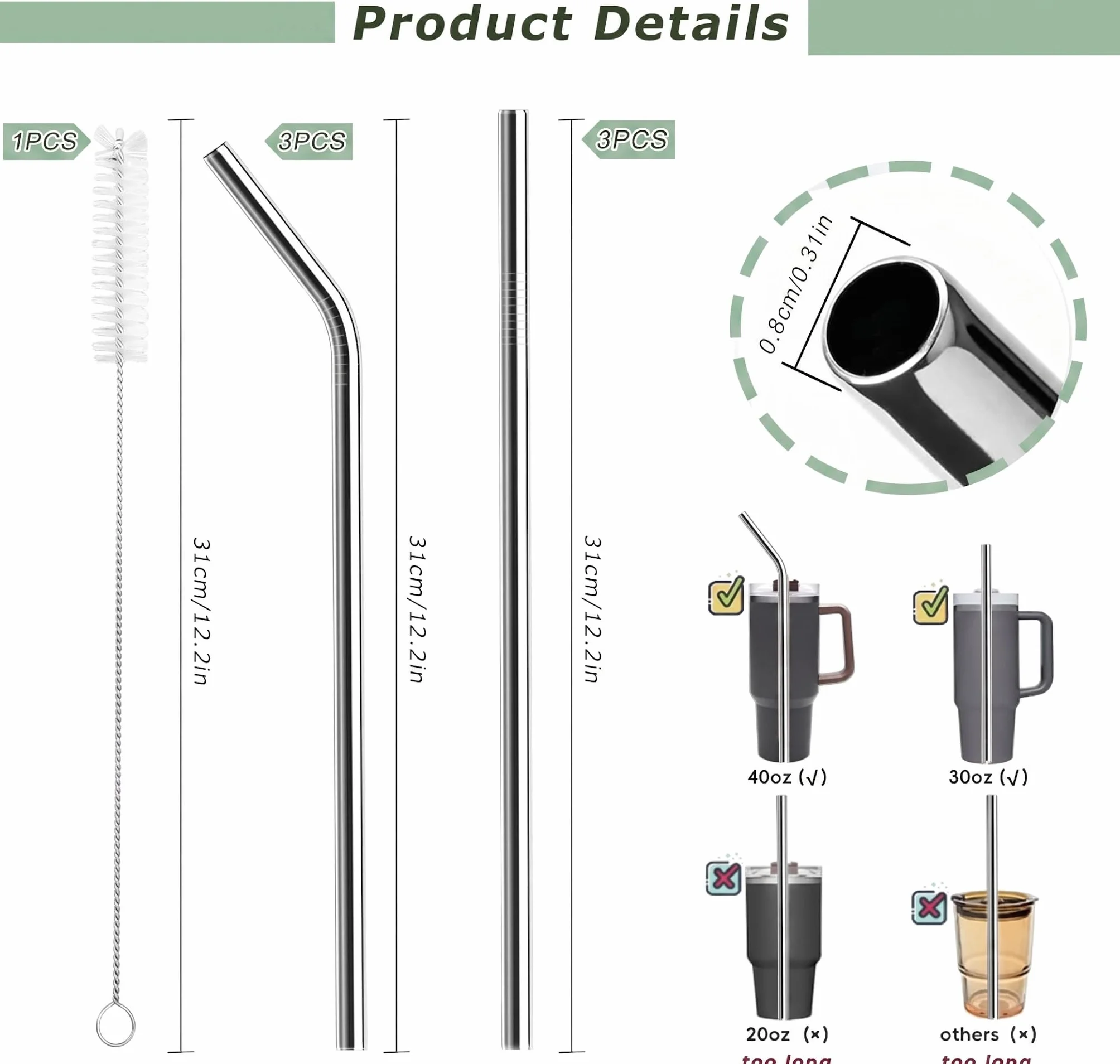 6 sztuk słomek ze stali nierdzewnej wielokrotnego użytku, 31 cm, do Stanley Cup 30oz/40oz – metalowe słomki do picia ze stali spożywczej 304 z 1 szczotką do czyszczenia, nadają się do mycia