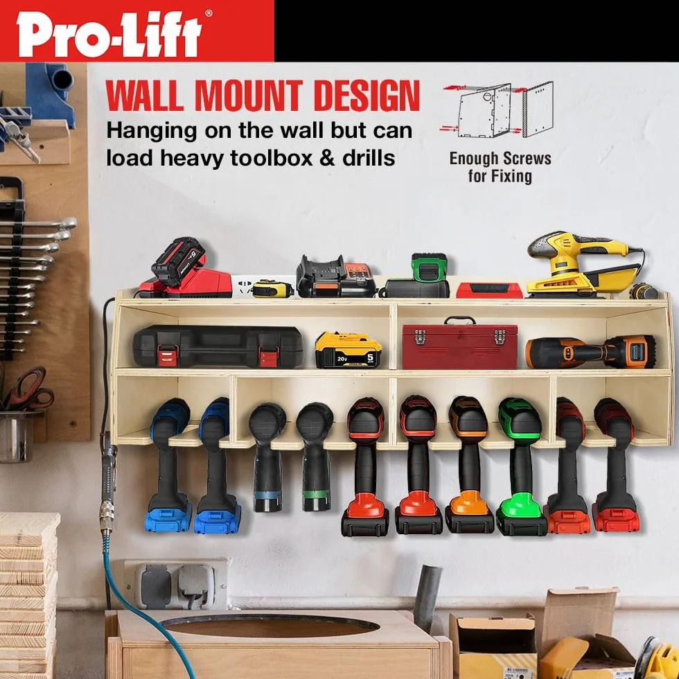 Pro-Lift Organizer na wiertarkę akumulatorową – stojak do przechowywania elektronarzędzi ściennych, 10 przegródek do zawieszenia, drewniany M-005W