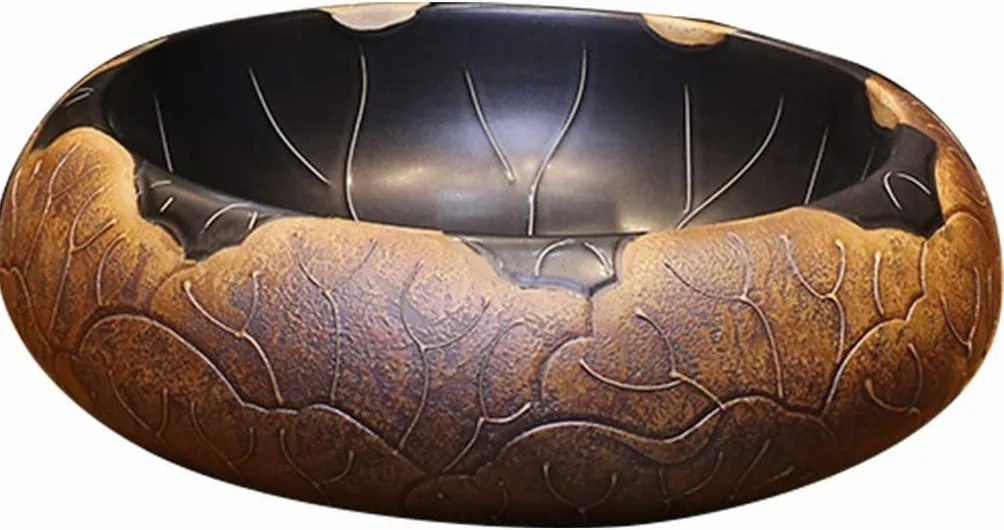 Szafka Pod Umywalkę Z Umywalką, Umywalka Łazienkowa Nablatowa, Umywalka Nablatowa Z Czarnym Kwiatem Lotosu, Ceramiczna Umywalka Nablatowa W Stylu Vintage, Okrągła Antyczna Umywalka Łazienkowa, Czarny