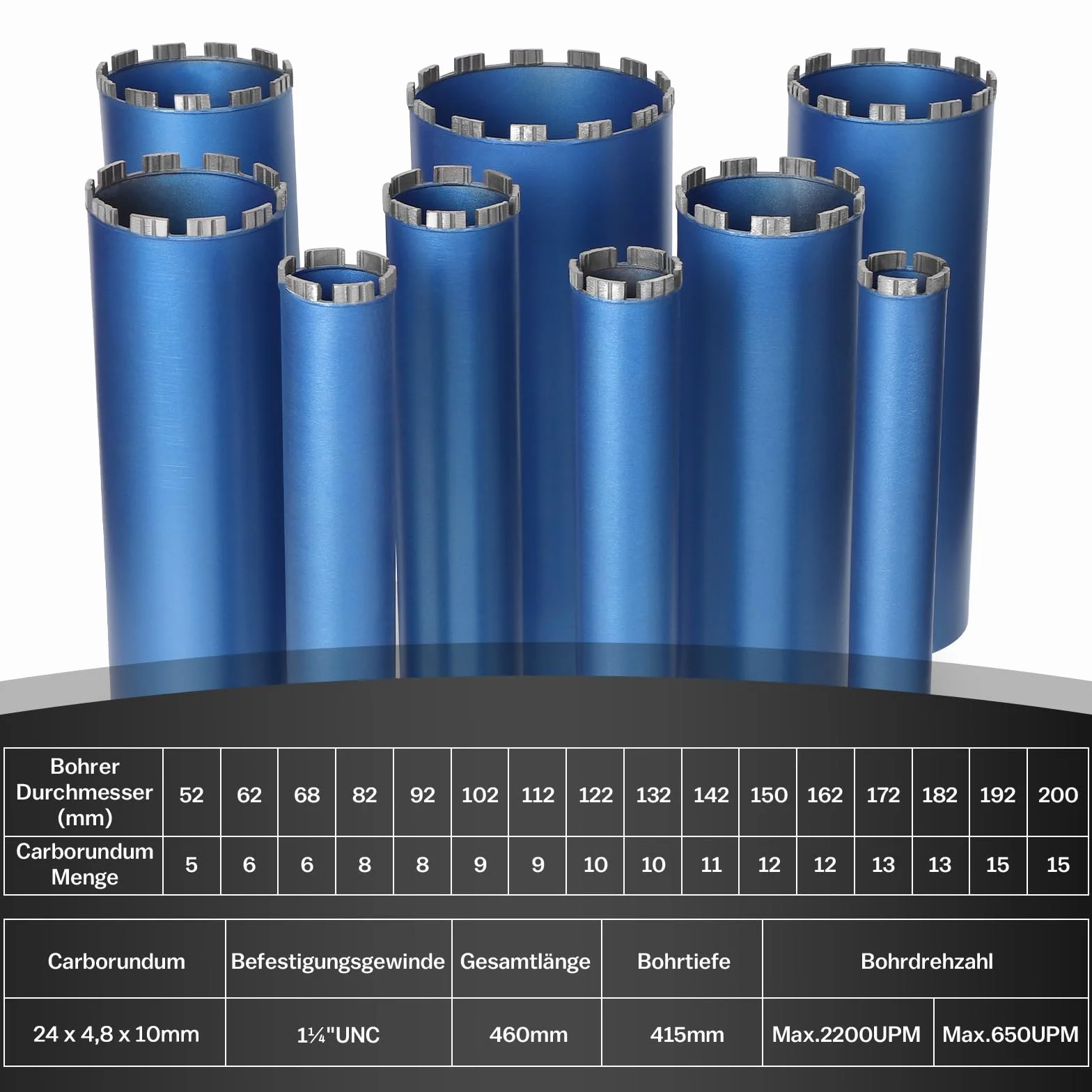 Diamentowa koronka wiertnicza wiertło rdzeniowe do wiertarki rdzeniowej z turbo, w zestawie SDS-Plus, 1 1/4", Ø 200 mm, długość całkowita 460 mm, wiertło do puszek na mokro i na sucho koronka