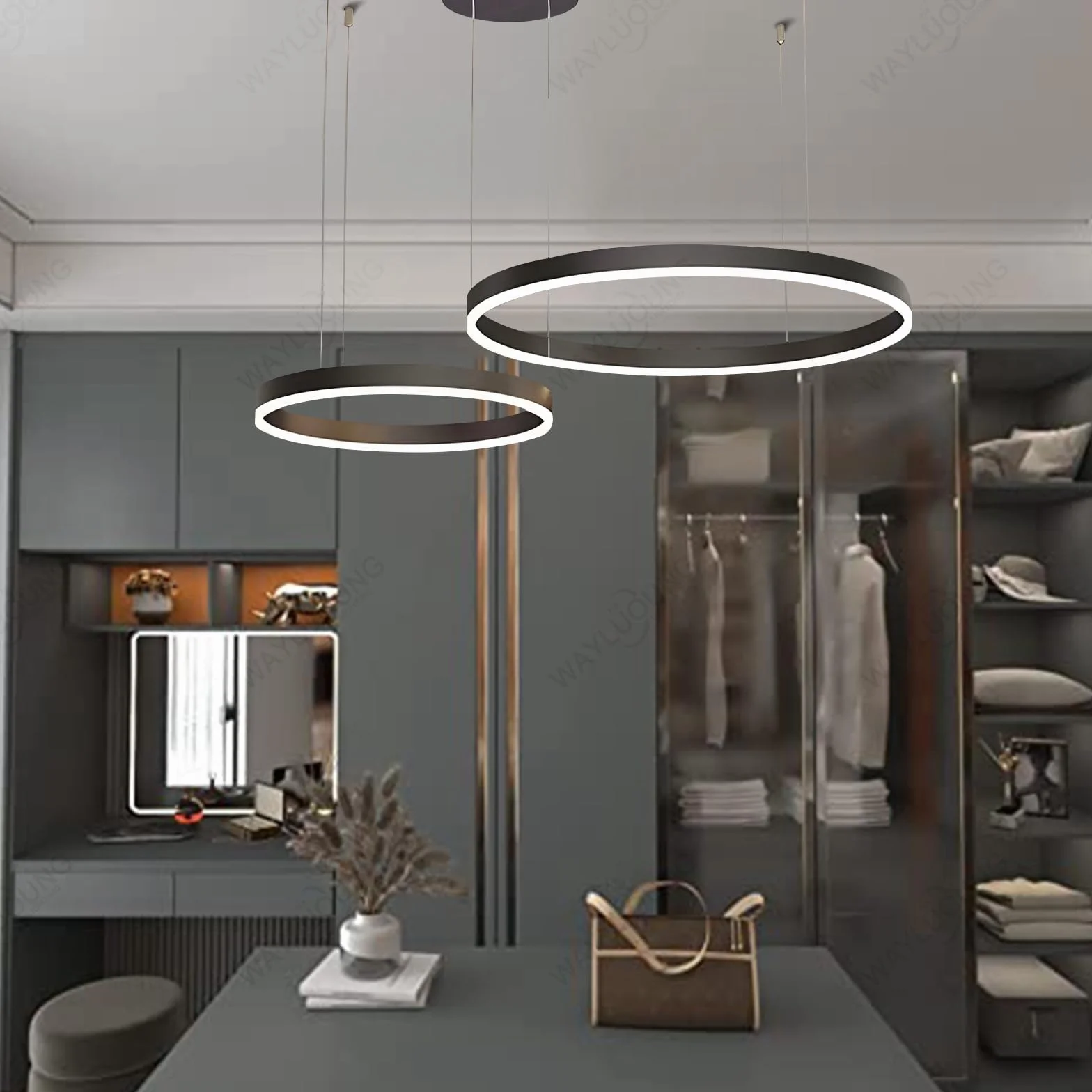 LED Żyrandol Metalowy | 2 Koła 40+60cm | 40W Lampa Wisząca Sufitowa Pierścieniami, Pilot Możliwością ściemniania 3000-6000K Lampa Wisząca Akrylowym Kloszem Sypialnia Przedpokój Czarny