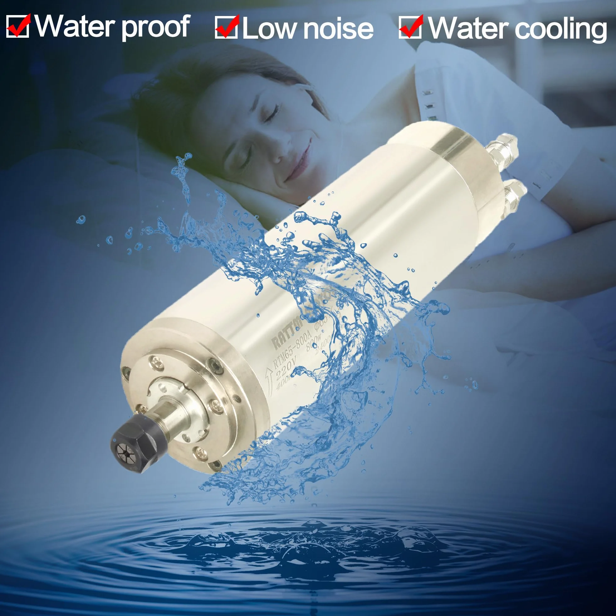 RATTMMOTOR Silnik wrzecionowy 0,8 kW, 800 W CNC wrzeciono chłodzone wodą 65 mm 220 V wodoodporne wrzeciono frezujące 24000RP 400HZ ER11 do frezarki do grawerowania CNC