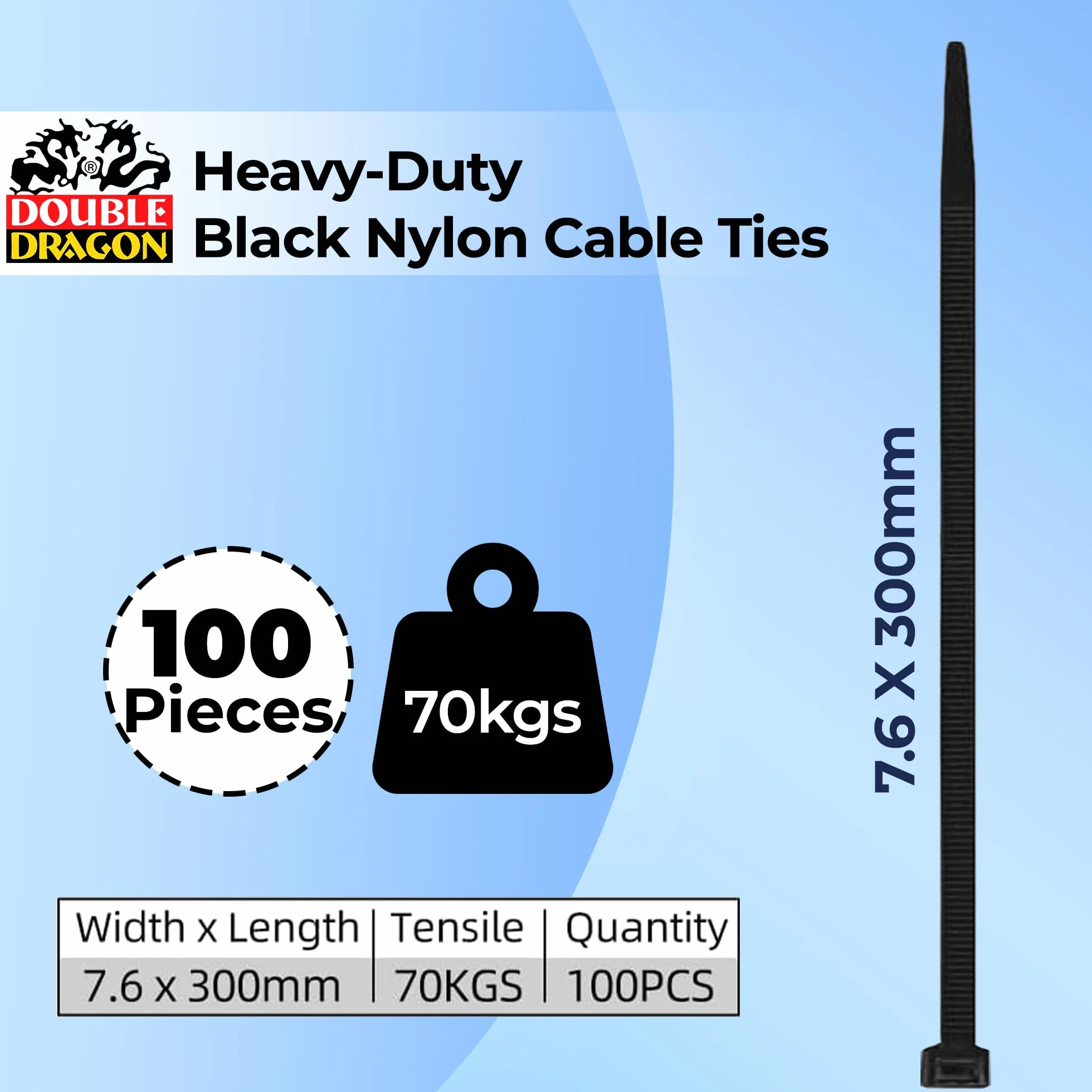 Double Dragon 100 sztuk wytrzymałych czarnych nylonowych opasek kablowych PA66-300 mm x 7,6 mm - przemysłowe samoblokujące się opaski na zamek błyskawiczny do domu, biura, garażu i warsztatu