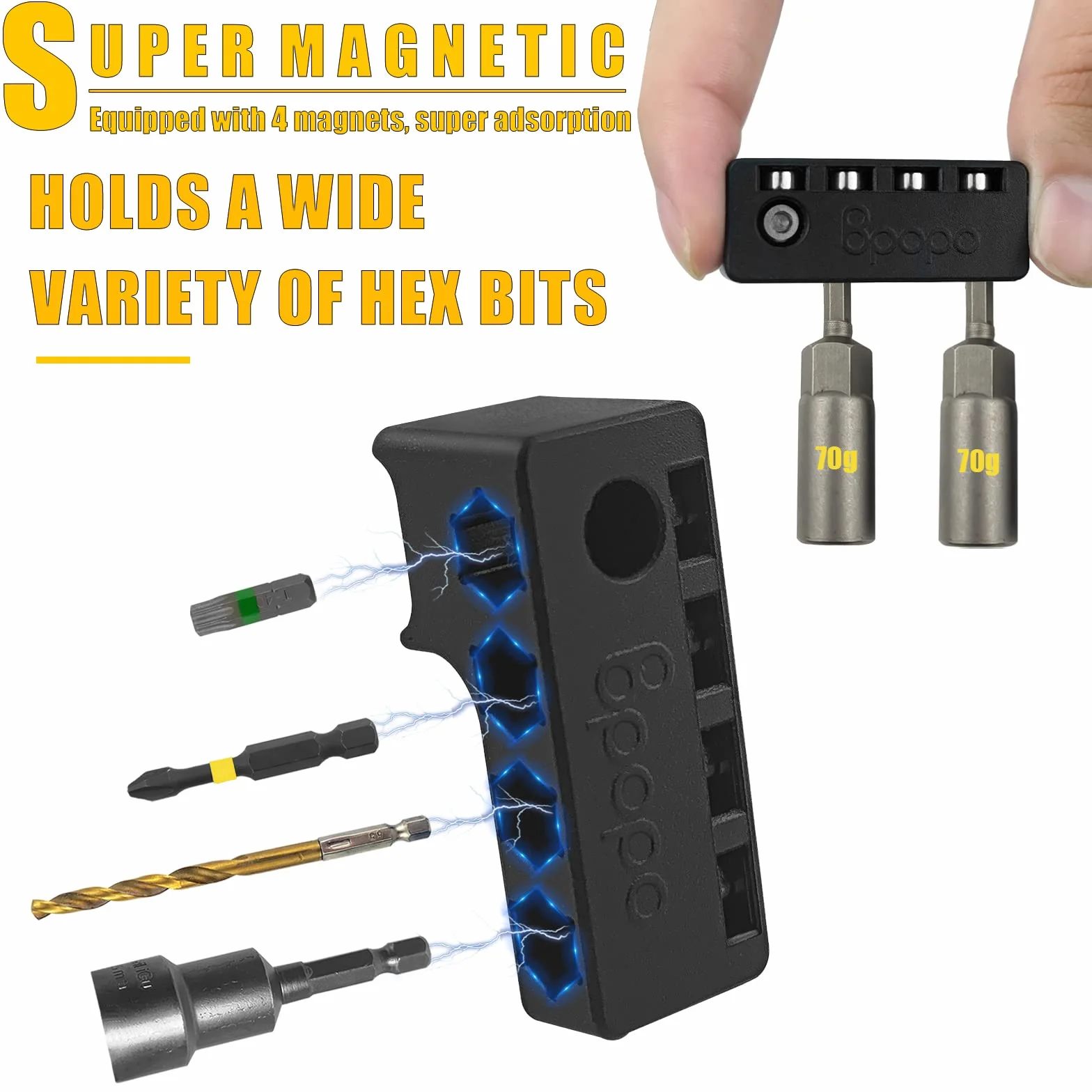 Uchwyt magnetyczny 1/4" kompatybilny z wiertarkami Dewalt, montaż śrubowy po lewej stronie, mocny organizer na 4 końcówki