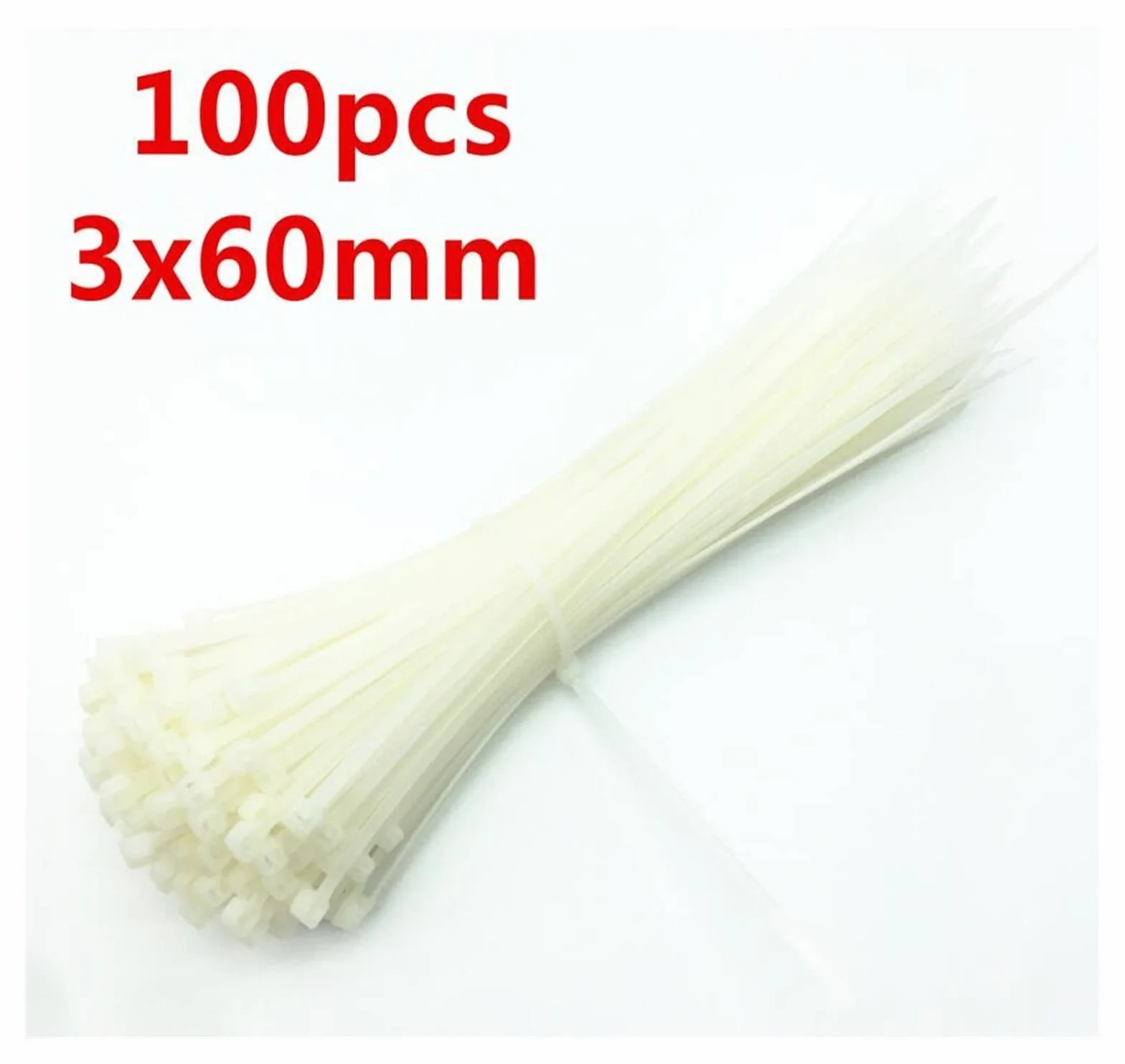 100 szt. 3 x 60-200 mm, białe, czarne, mleczne opaski zaciskowe do kabli, samozaciskowe, nylonowe(White,3 x 60mm)