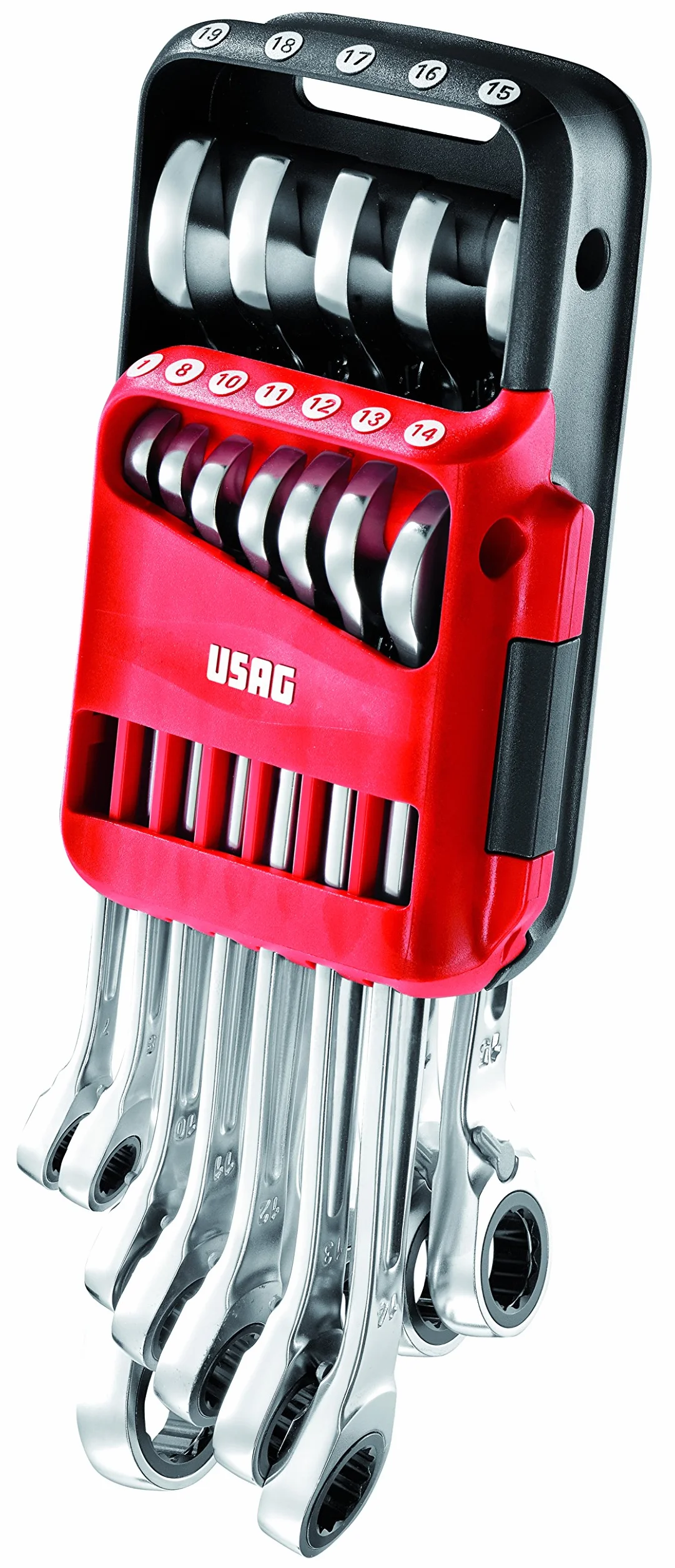 USAG U02856062-285 KA/DS12 - Zestaw 12 kluczy płasko-oczkowych z grzechotką z pierścieniem blokującym