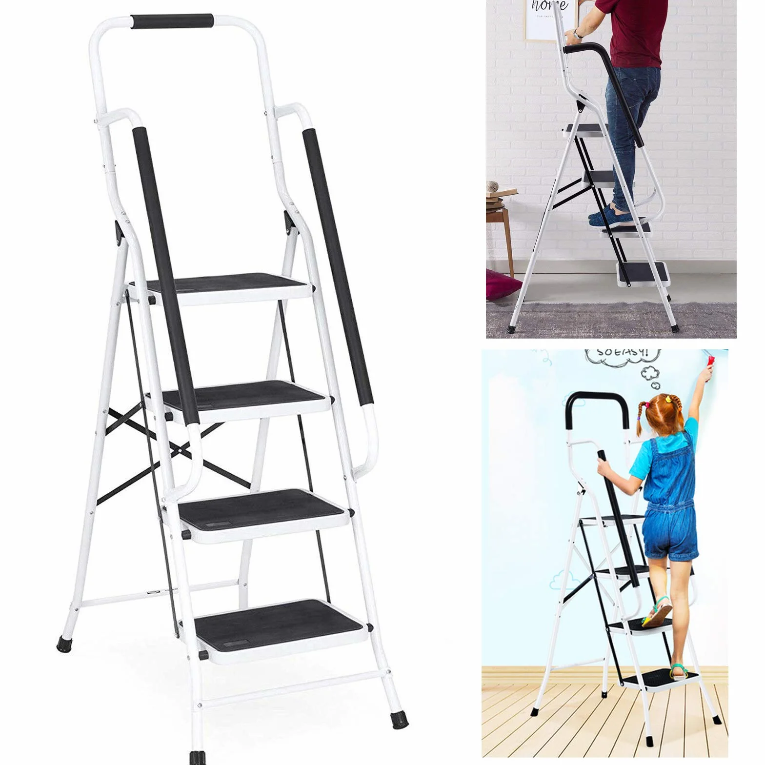 Komfortowa drabina ze stali, 4 stopnie z poręczą, wysoki uchwyt zabezpieczający, nóżki z podeszwami Soft-Grip, obciążenie do 150 kg, certyfikat TÜV Süd