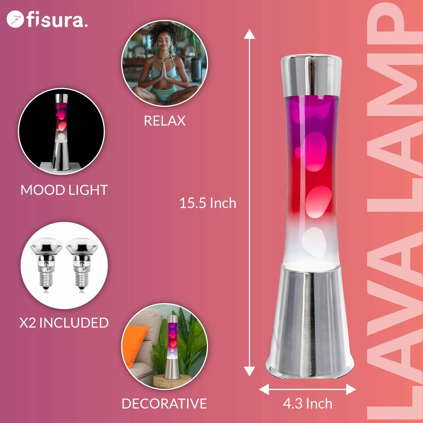 Fisura – Lampa z lawą „gradient czerwony”. Podstawa chromowana, butelka z efektem przejścia od fioletowego do białego. Lampa relaksacyjna z zapasową żarówką. 11 cm x 11 cm x 39,5 cm.