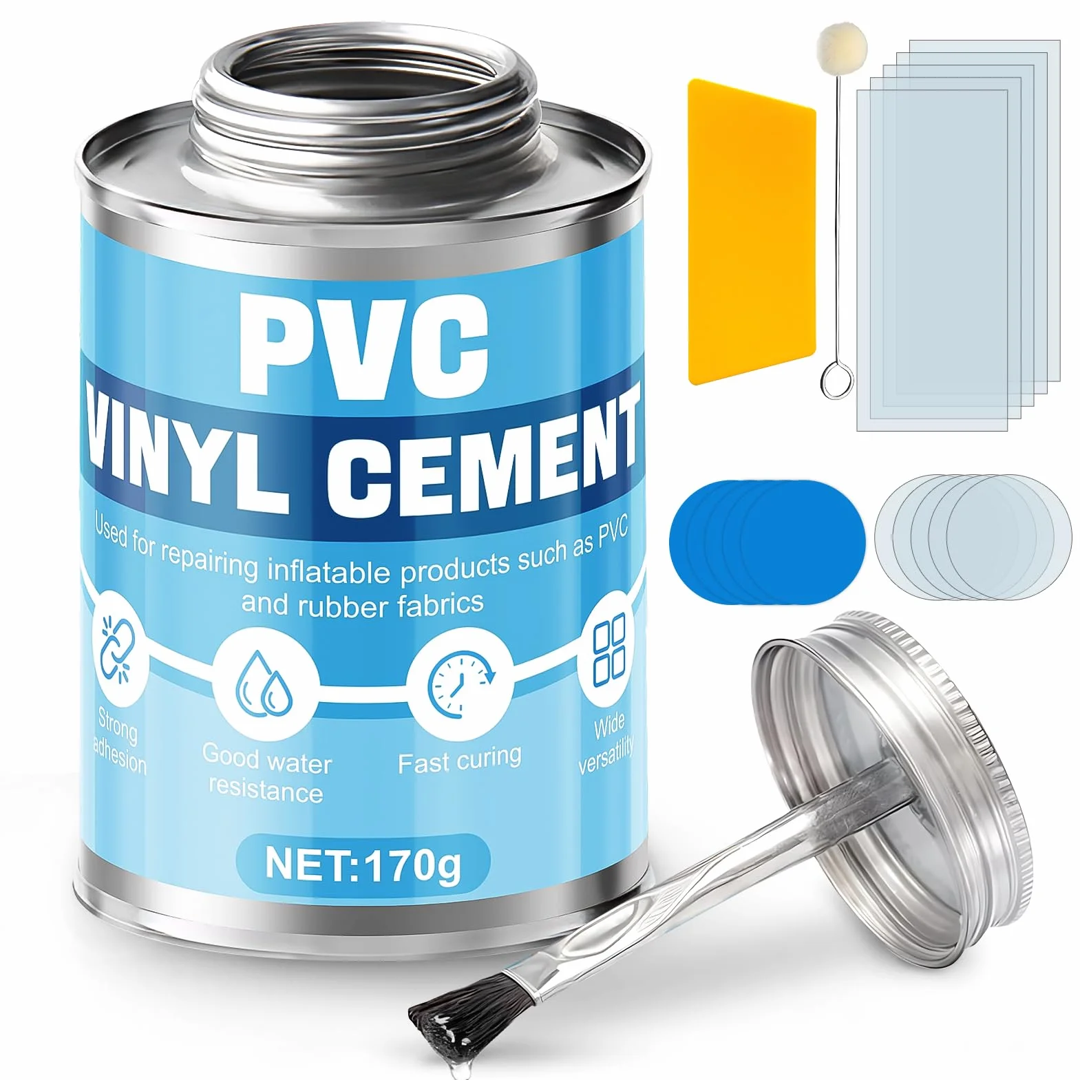 Klej PVC, klej neoprenowy, łatka do naprawienia i napełniania guma, z łatką naprawczą, nadaje się do nadmuchiwanych łodzi, kajaków, plandek, butów przeciwdeszczowych, 170g