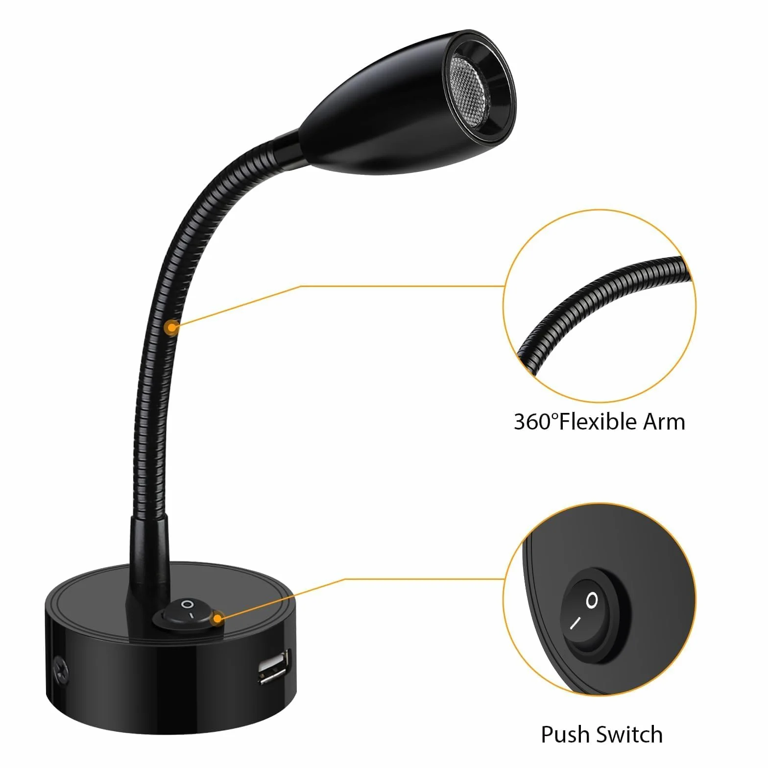 ERWEY 2er LED Lampa do czytania 12V Camper, 3W 3000K Lampa ścienna Lampa Łóżkowa z elastyczną gęsią szyją i portem ładowania USB DC12-24V Spot do łodzi, jachtu, vana oświetlenie wnętrza, czarny