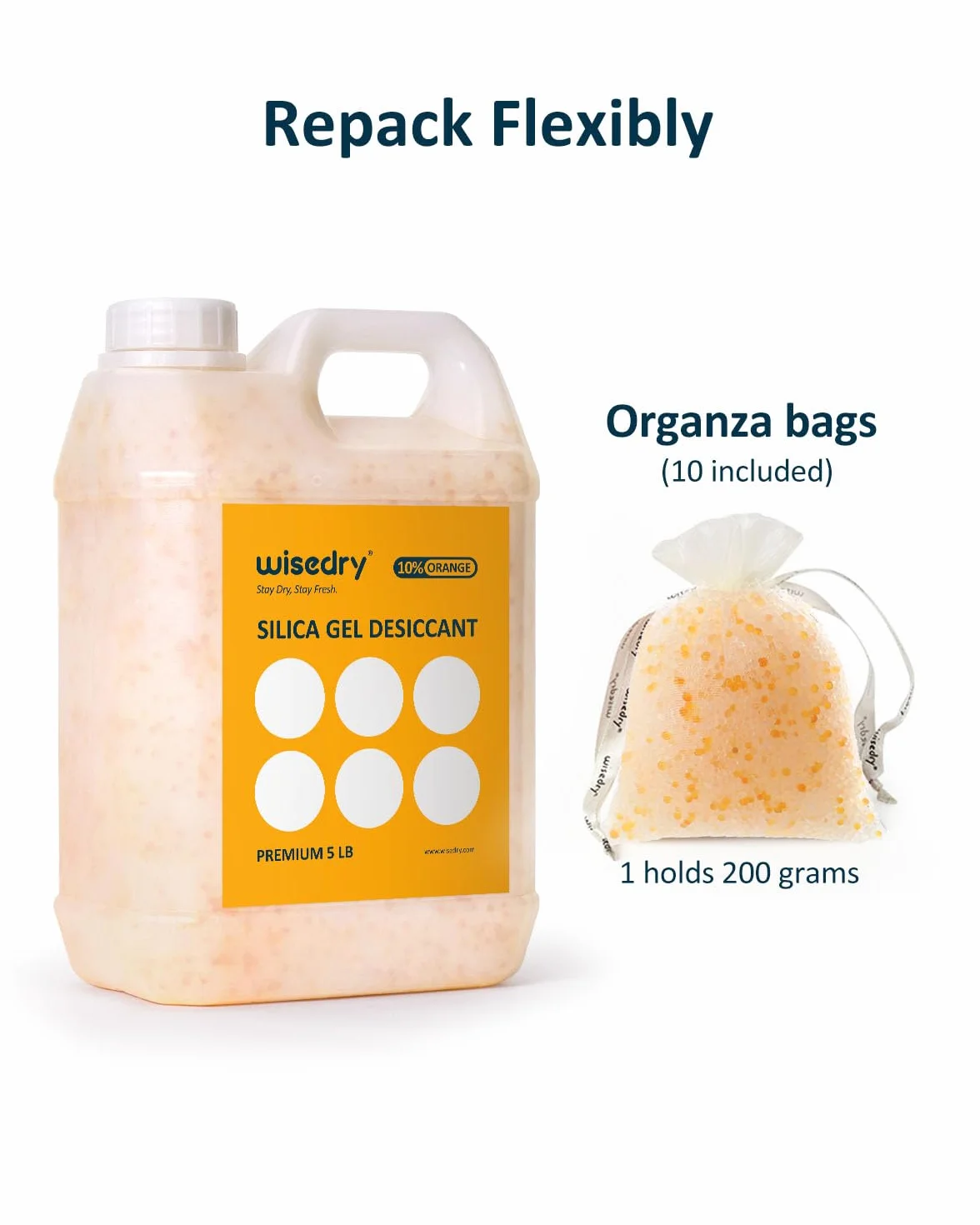 wisedry (5 LBS) Kulki z żelem krzemionkowym wielokrotnego użytku z kolorowym wskaźnikiem wielokrotnego ładowania Środek osuszający luzem z 10-częściowymi woreczkami z organzy ze sznurkiem