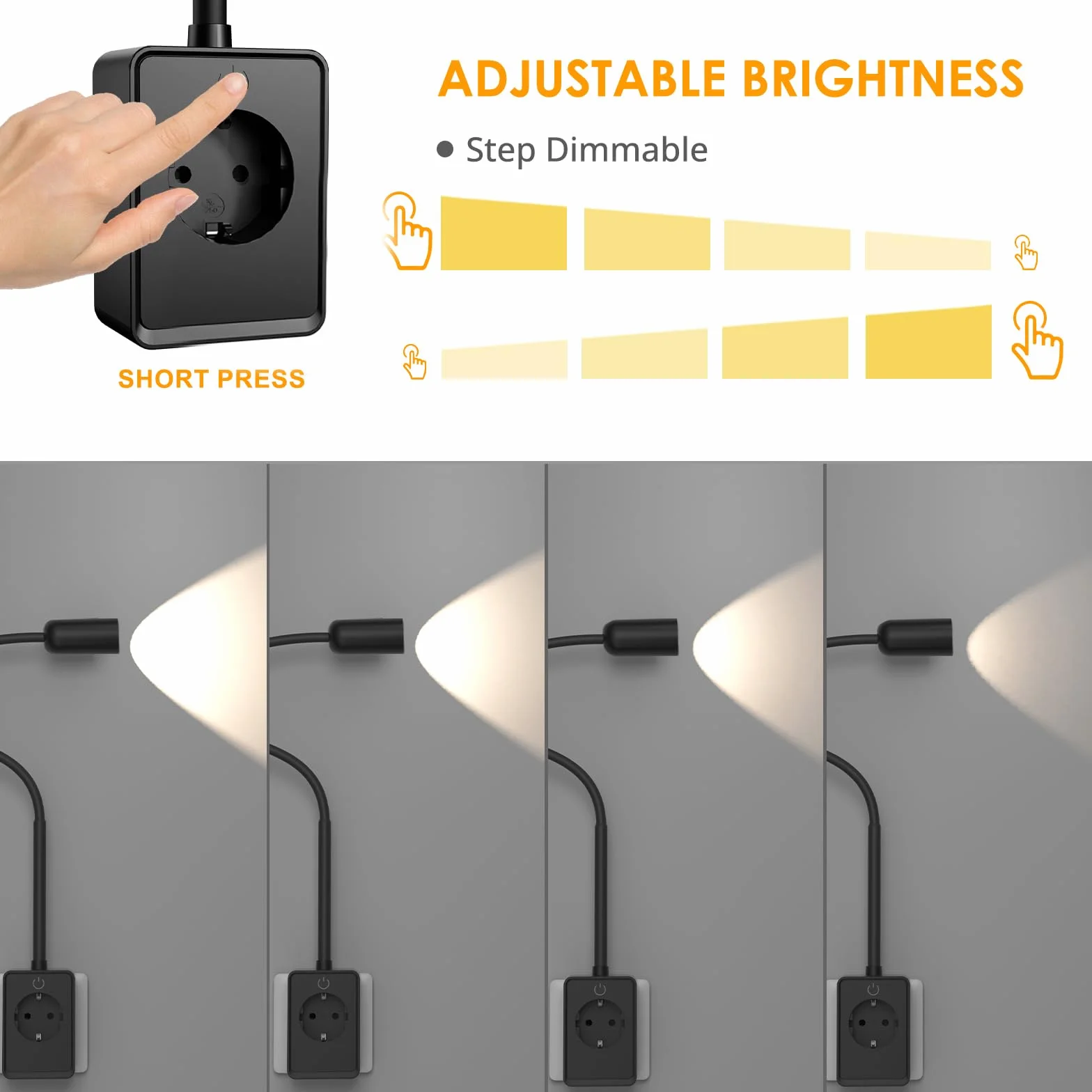 ENUOTEK Lampa do Czytania LED Czarnym z Gniazdem, Ściemniawalna Lampa Ścienna o Mocy 3W Przełącznikiem i Gniazdem, Wyposażona w Porty USB i Type-C, Regulowana Temperatura Barwowa 4000K-3000K-5000K