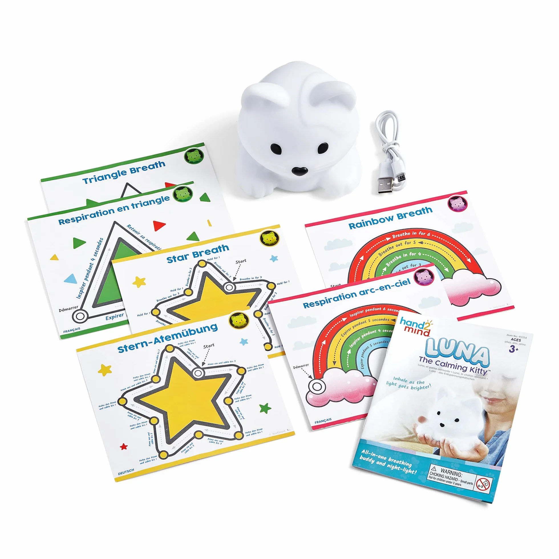 Learning Resources Kotek Luna The Calming Kitty, Nauka głębokiego oddychania, Lampka nocna w kształcie zwierzątka z możliwością ładowania, Łagodzenie lęku u dzieci, Uważność dla dzieci, 3+