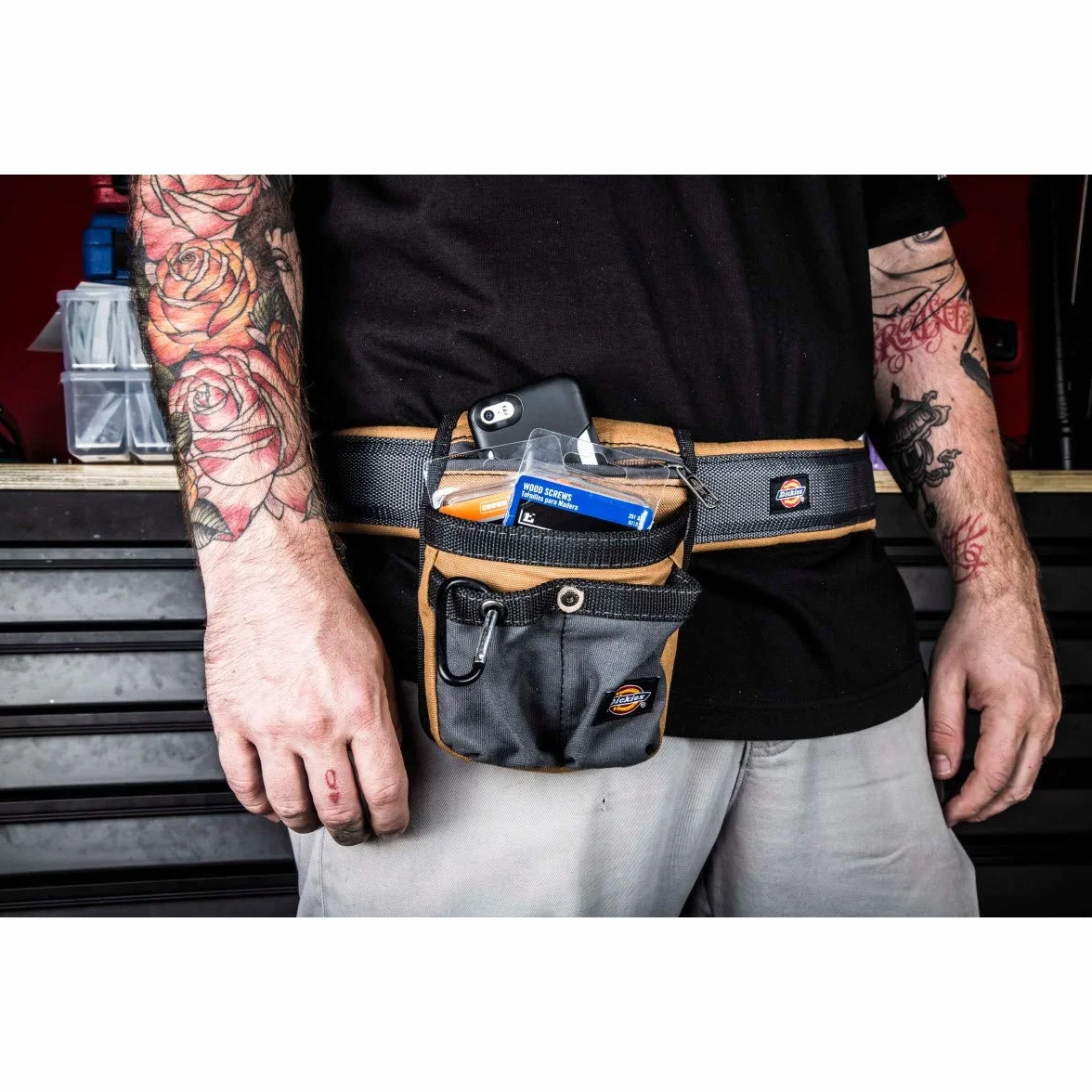 Dickies Wytrzymały wyściełany pasek roboczy dla wykonawców, klamra szybkiego zwalniania, regulowana, szerokość 7 cm, pomieści większość woreczków na pasek narzędziowy, szary/jasnobrązowy