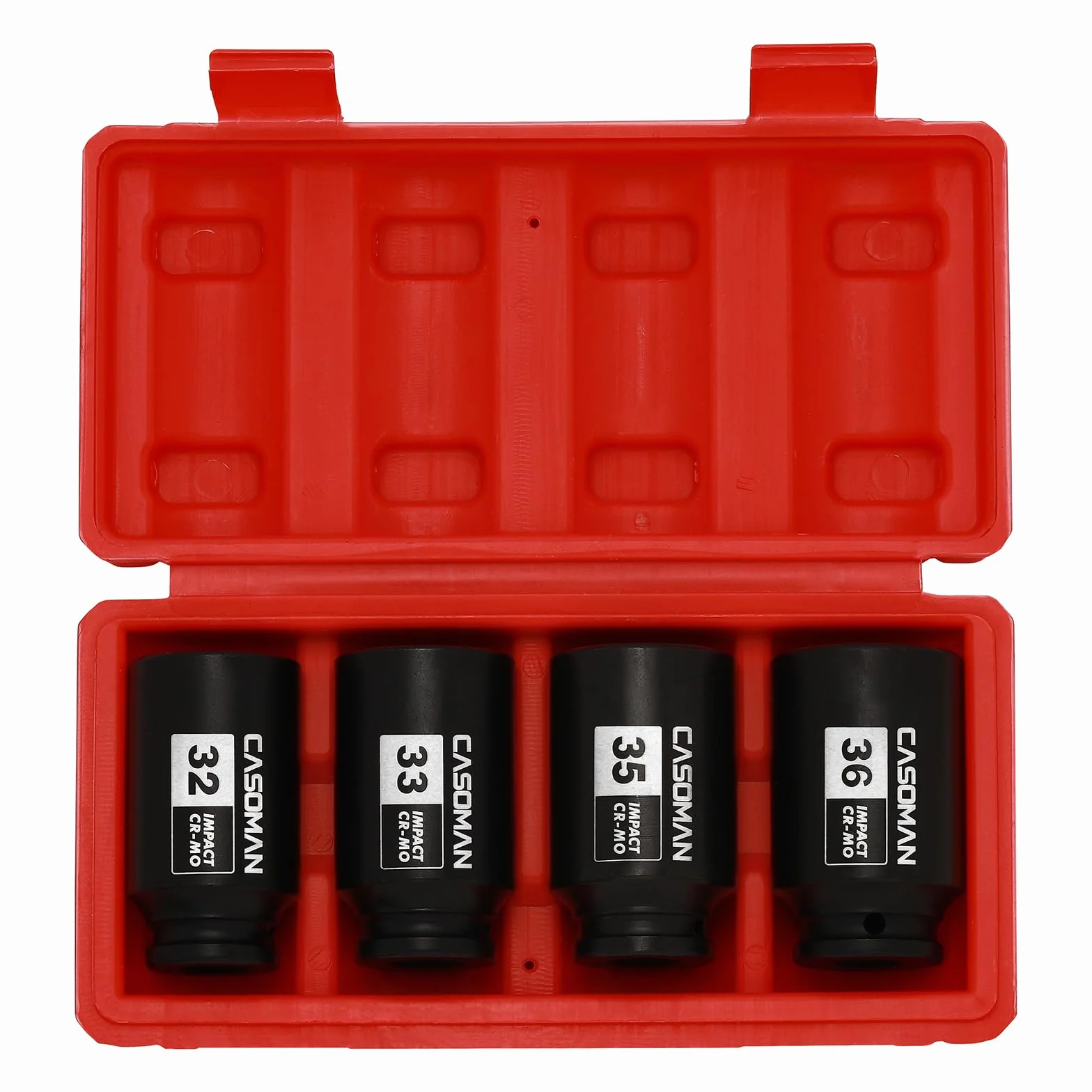 CASOMAN Zestaw nasadek udarowych z głębokim wrzeciona 1/2", 6-punktowy, CR-MO, 32, 33, 35, 36 mm, zestaw nasadek udarowych 4 szt., wytrzymałe zastosowanie przy demontażu i montażu nakrętek osi
