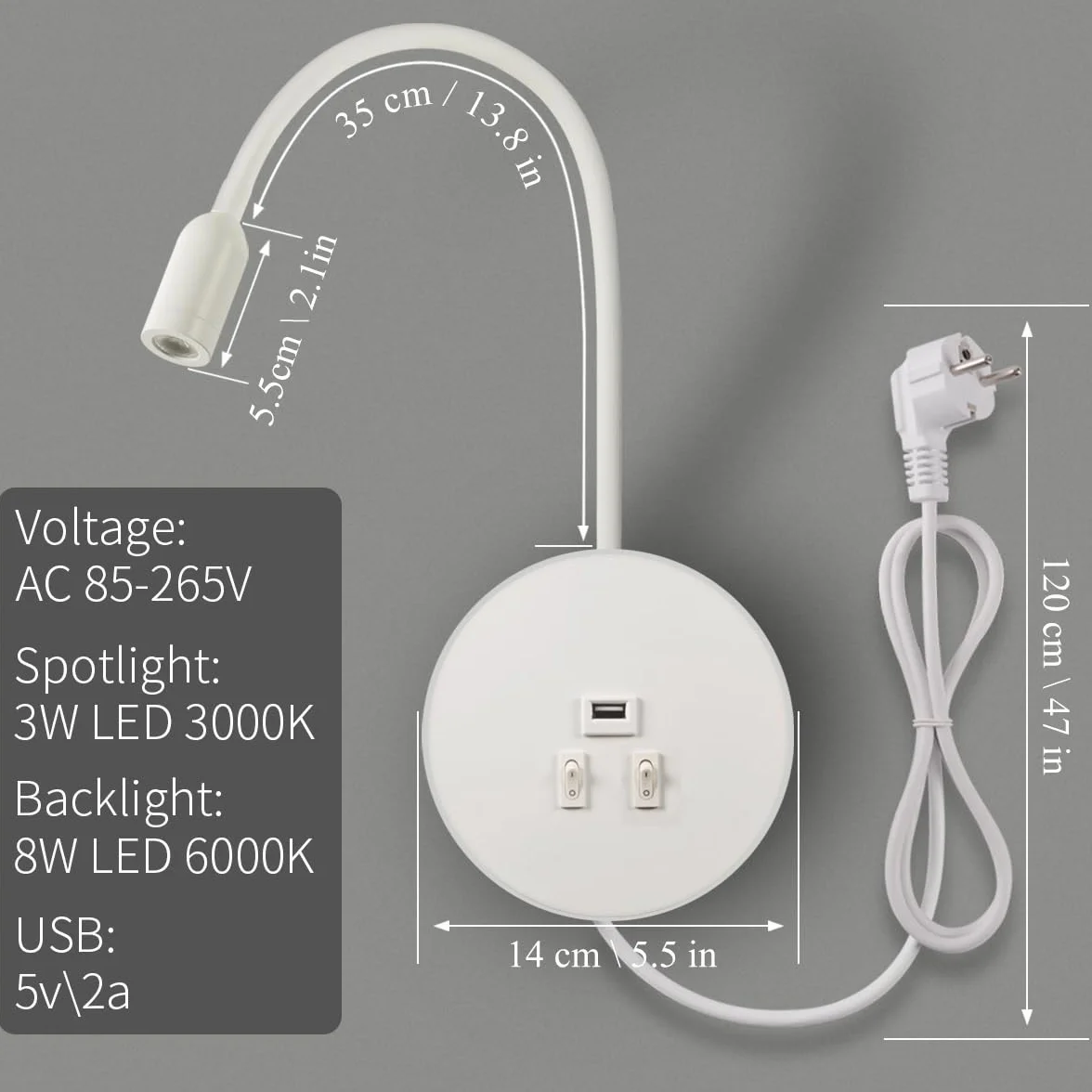 LED Kinkiet, gęsia szyja z Przełącznikiem, z portem ładowania USB, Obrotowa Lampka Nocna Nowoczesna Lampa do Czytania lampki Ścienna, 3W 3000K+8W 6000K do sypialni, Z kablem i wtyczką (Biały)