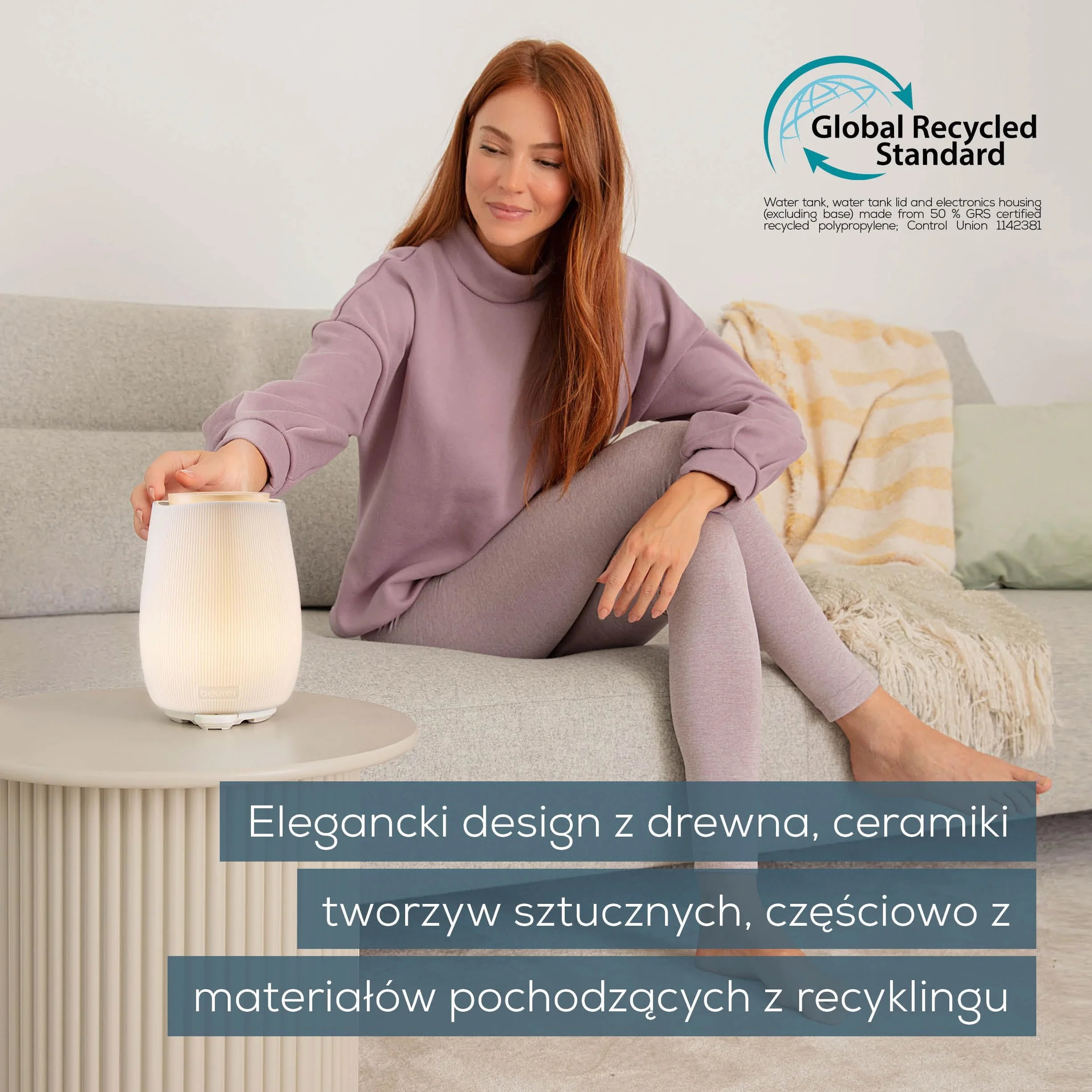 Beurer LA 45 Dyfuzor zapachowy ultradźwiękowy do aromaterapii, 2-stopniowy, światło nastrojowe 9 kolorów, ceramiczny i drewniany