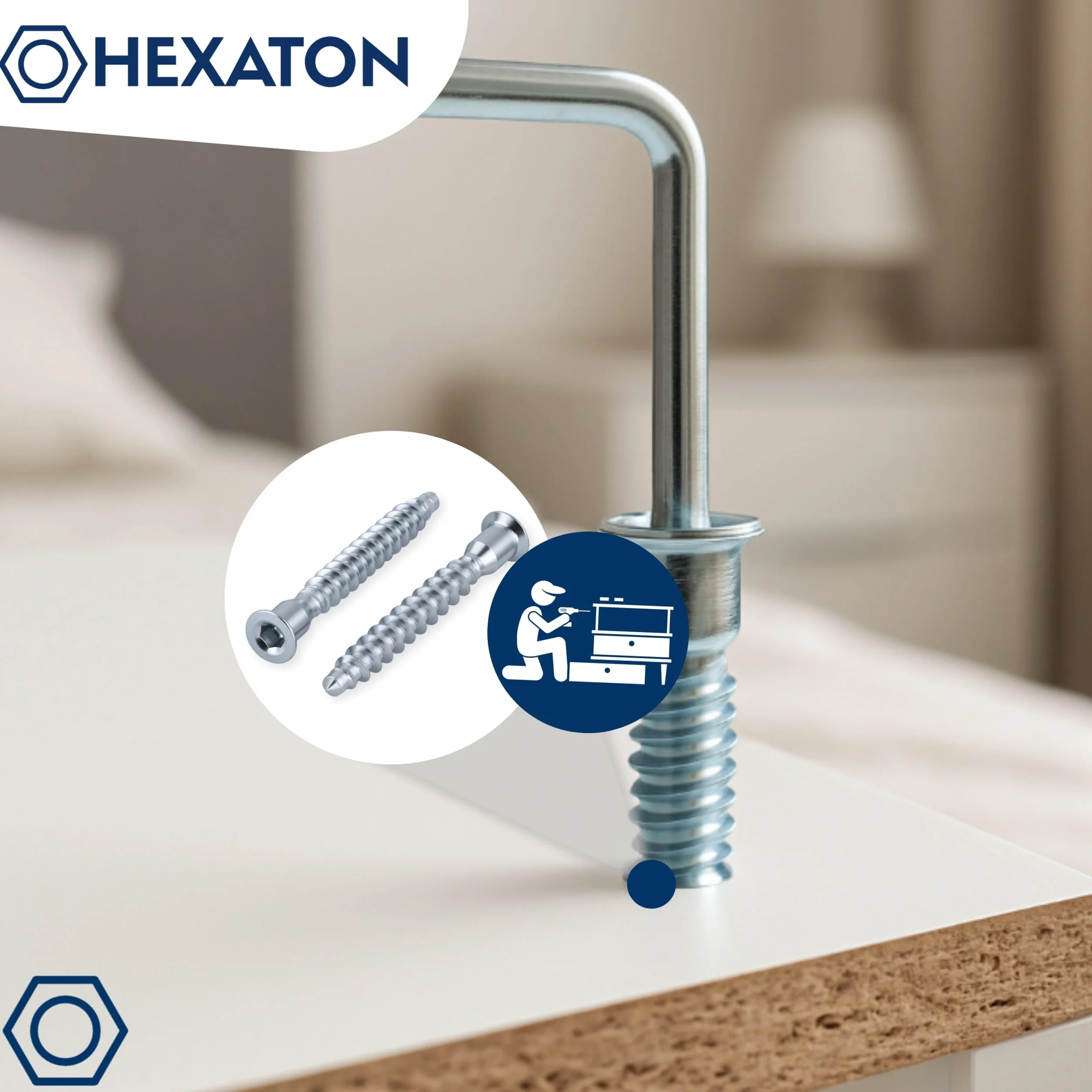 HEXATON Konfirmaty z Łbem Stożkowym Wgłębieniem Imbusowym 6,4 x 50 mm - 100 Sztuk - Ocynk Biały - Gwint na Całości