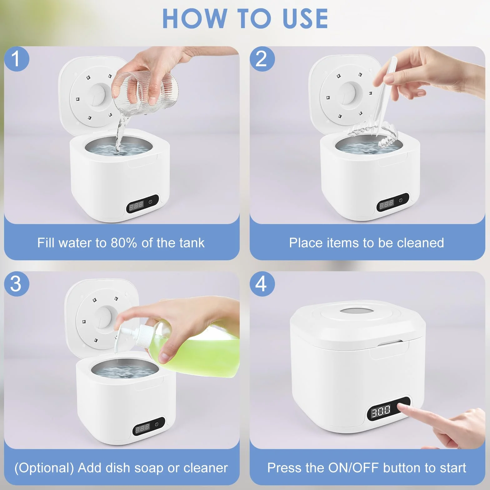 Ultrasonic Cleaner Dental Pod, 50 000 Hz z 6 lampami UV i 340 ml, wysoka moc 40 W, do protez, biżuterii, protez, korektorów, kolor biały