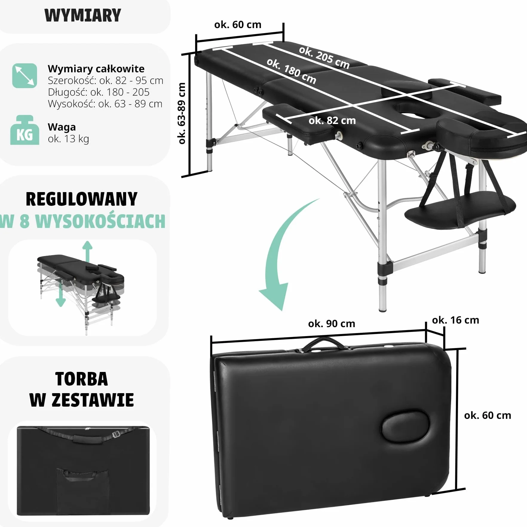 Tectake Przenośny Stół do Masażu Składany Aluminiowa Konstrukcja 230 kg Czarny