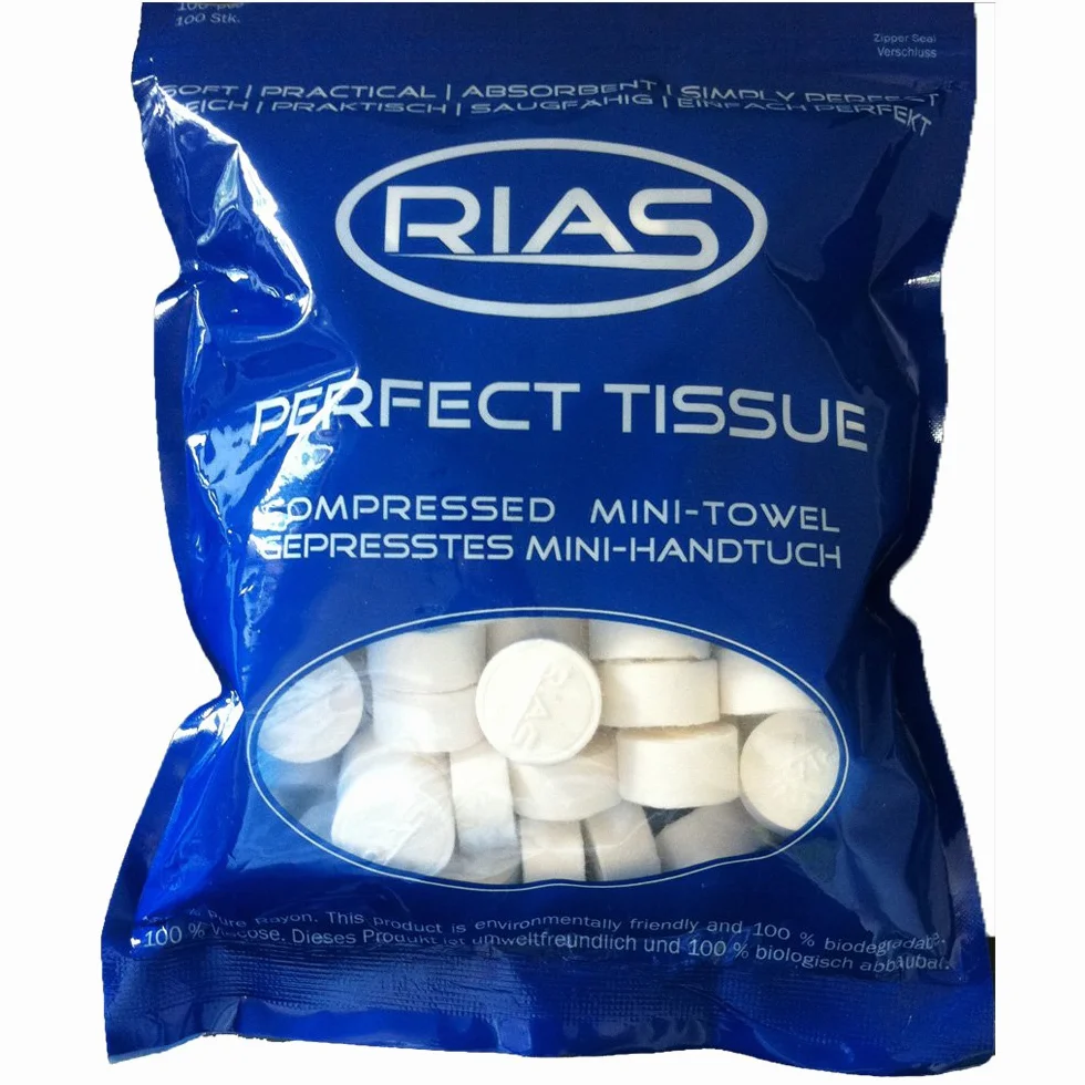 Rias oryginalne suche ściereczki w formie tabletek, 100% biodegradowalne, sprasowany mini ręcznik, ściereczka do naczyń, chłonne i miękkie - ręczniczek do czyszczenia, odświeżający, 100 szt.