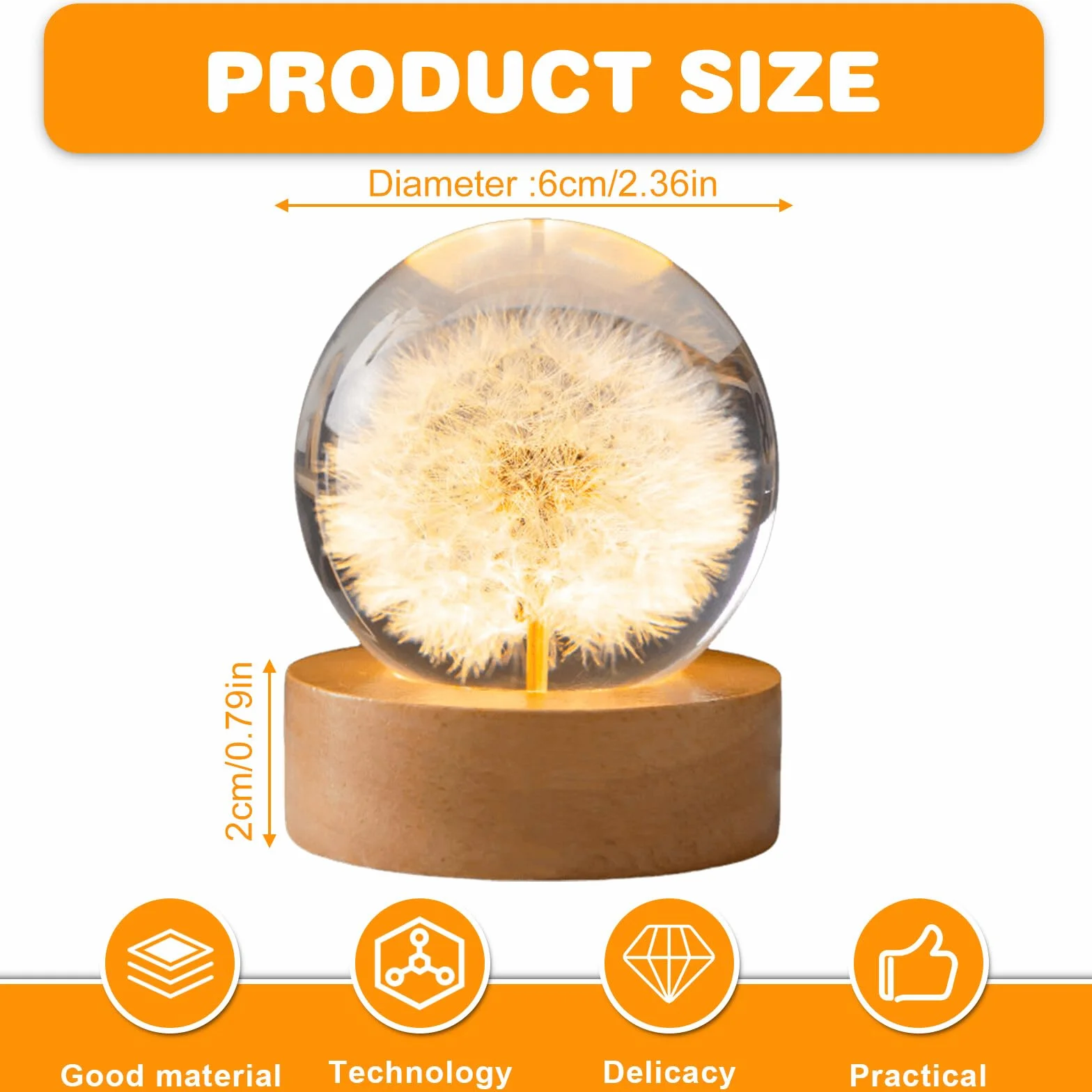 Kryształowa kula, lampka nocna, 6 cm, szklana lalka, lampka nocna, kwiatowa lampka nocna z drewnianą podstawą USB, idealny prezent