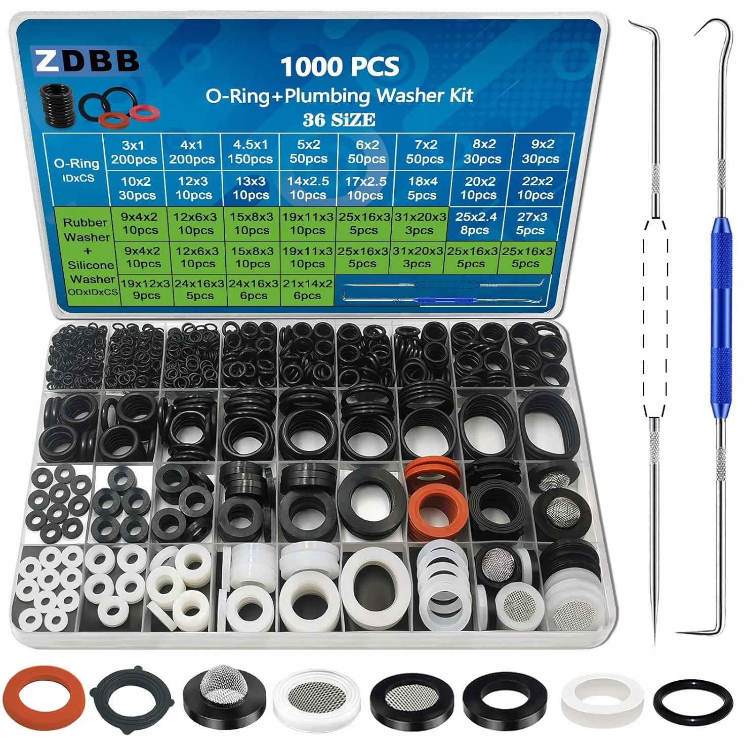 ZDBB 1000 szt. 18 rozmiarów zestaw pierścieni uszczelniających + 18 rozmiarów gumowych podkładek zestaw asortymentowy do kranu hydraulicznego, rury wodnej, węży ogrodowych, podkładek prysznicowych,