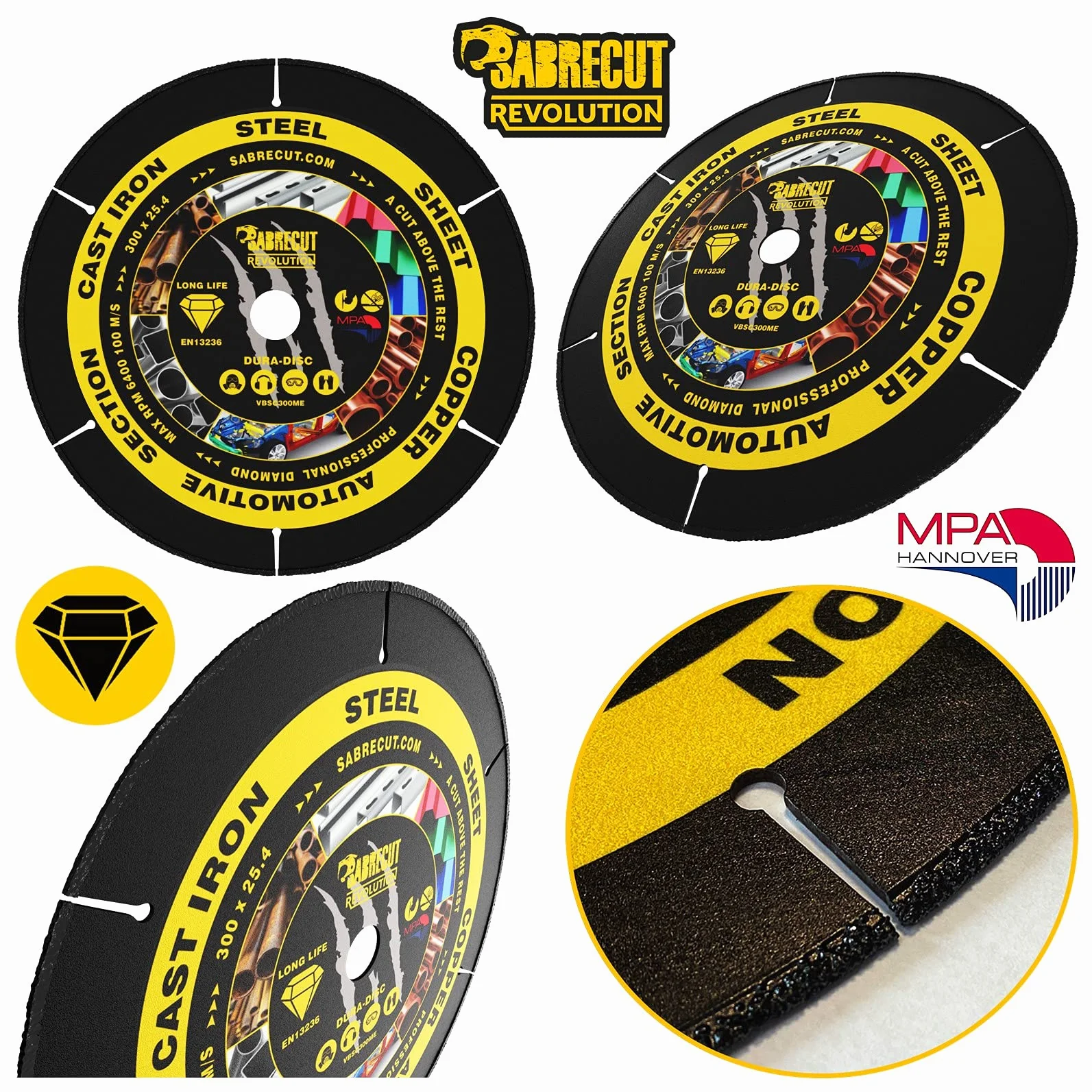 SabreCut 1pc VBSC300ME 300mm 22.23mm Otwór Metal Tarcza pilarska TCT | Industrial-grade vacuum-brazed diamond zapewnia trwały cięcie na sucho through ferrous i non-ferrous metals