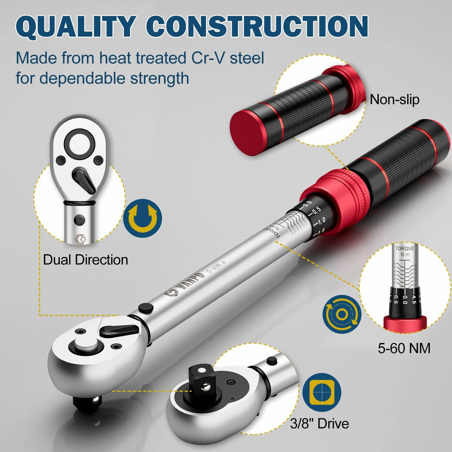 VANPO Klucz dynamometryczny 3/8", 5-60 Nm zestaw kluczy dynamometrycznych do roweru i motocykla, z drążkiem przedłużającym 125 mm, adapterem 3/8"-1/4" do wymiany świecy zapłonowej