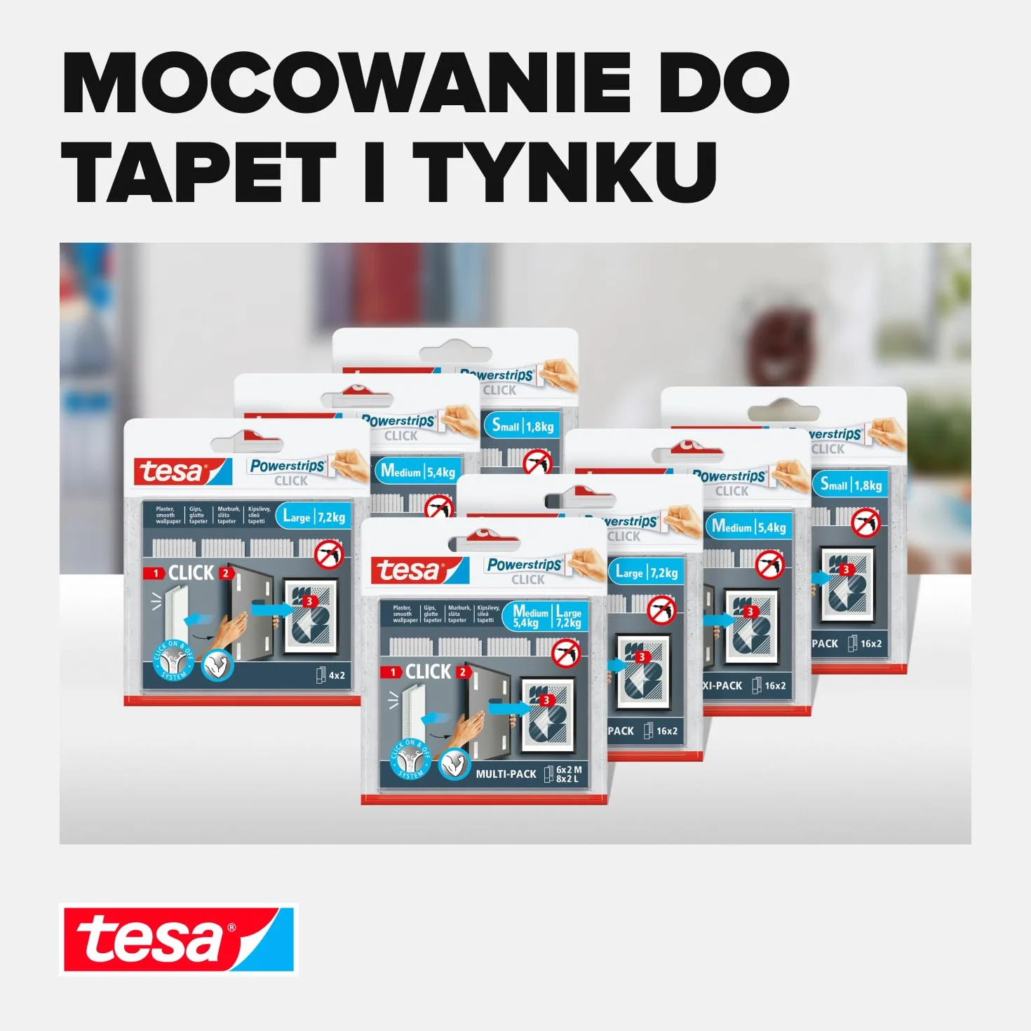 tesa Powerstrips CLICK samoprzylepne paski do mocowania i odczepiania ramek na zdjęcia i dekoracji ścian bez wiercenia, paski samoprzylepne z systemem zatrzaskowym ON i OFF, małe, 4 x 2 sztuki
