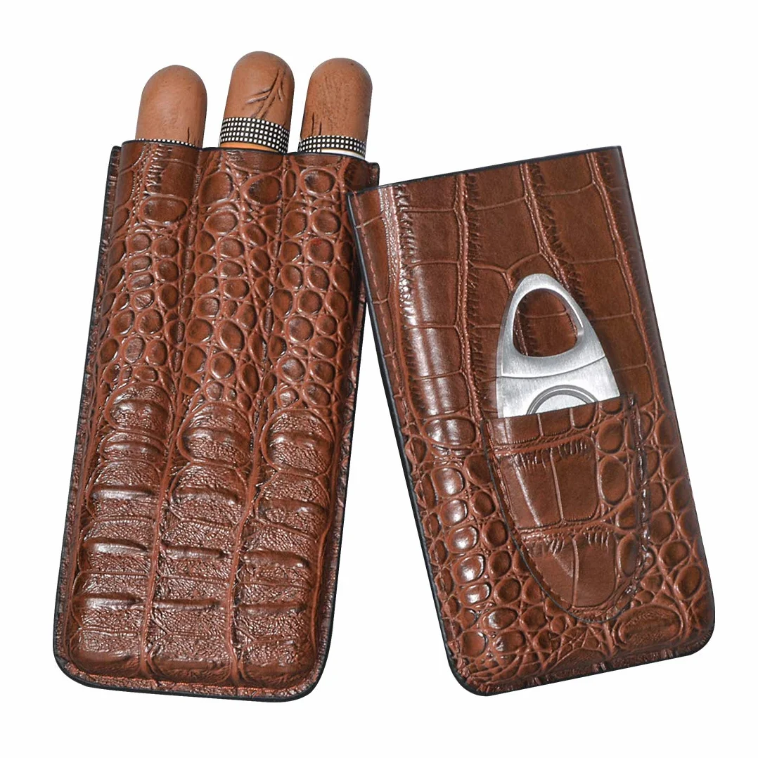 Etui na cygara ze skóry krokodyli, przenośny humidor z krajalnicą, 3 tubki, brązowy