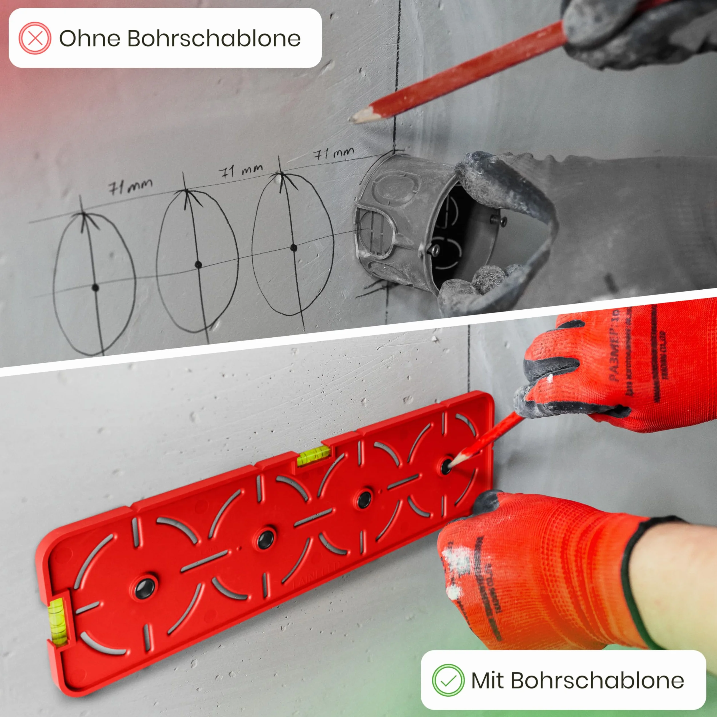 LAINFELD Szablon do wiercenia gniazd | W zestawie z poziomicą | Poziomica elektryka do gniazda wnękowego, gniazda wpuszczane, gniazda natynkowe, szablon do budowy szkieletowej