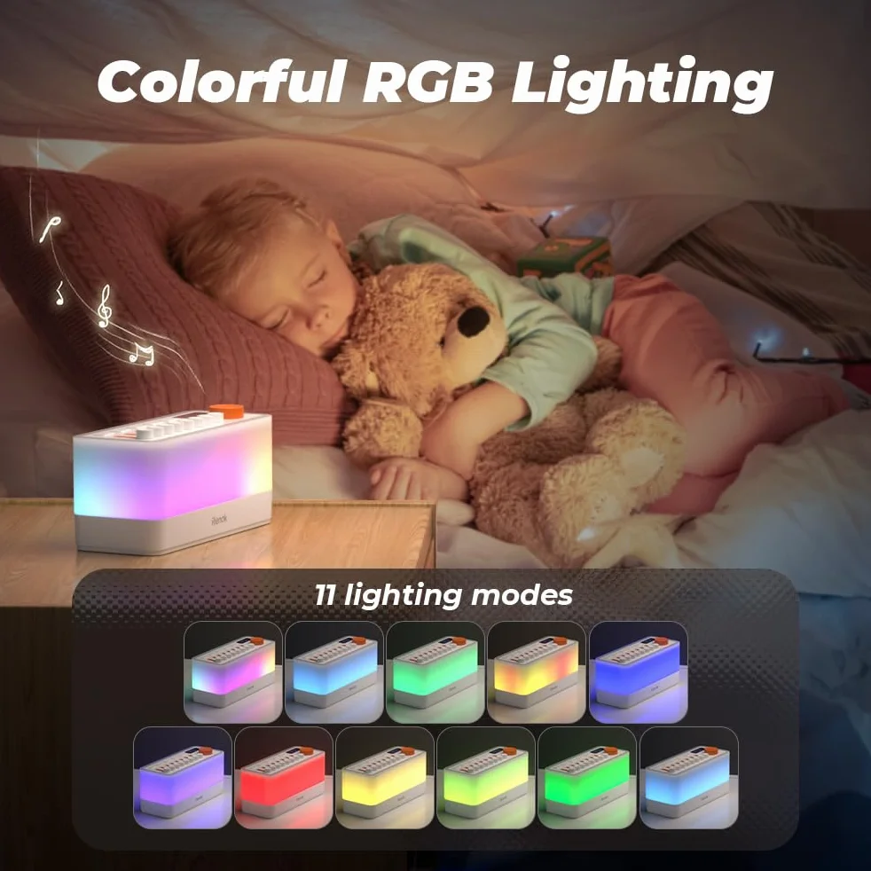 RIENOK Głośnik Bluetooth z lampką nocną, 11 kolorów RGB, ściemnialna lampka nocna, 8 dźwięków natury, maszyna dźwiękowa, prezenty dla dzieci, dziewcząt, nastolatków, kobiet