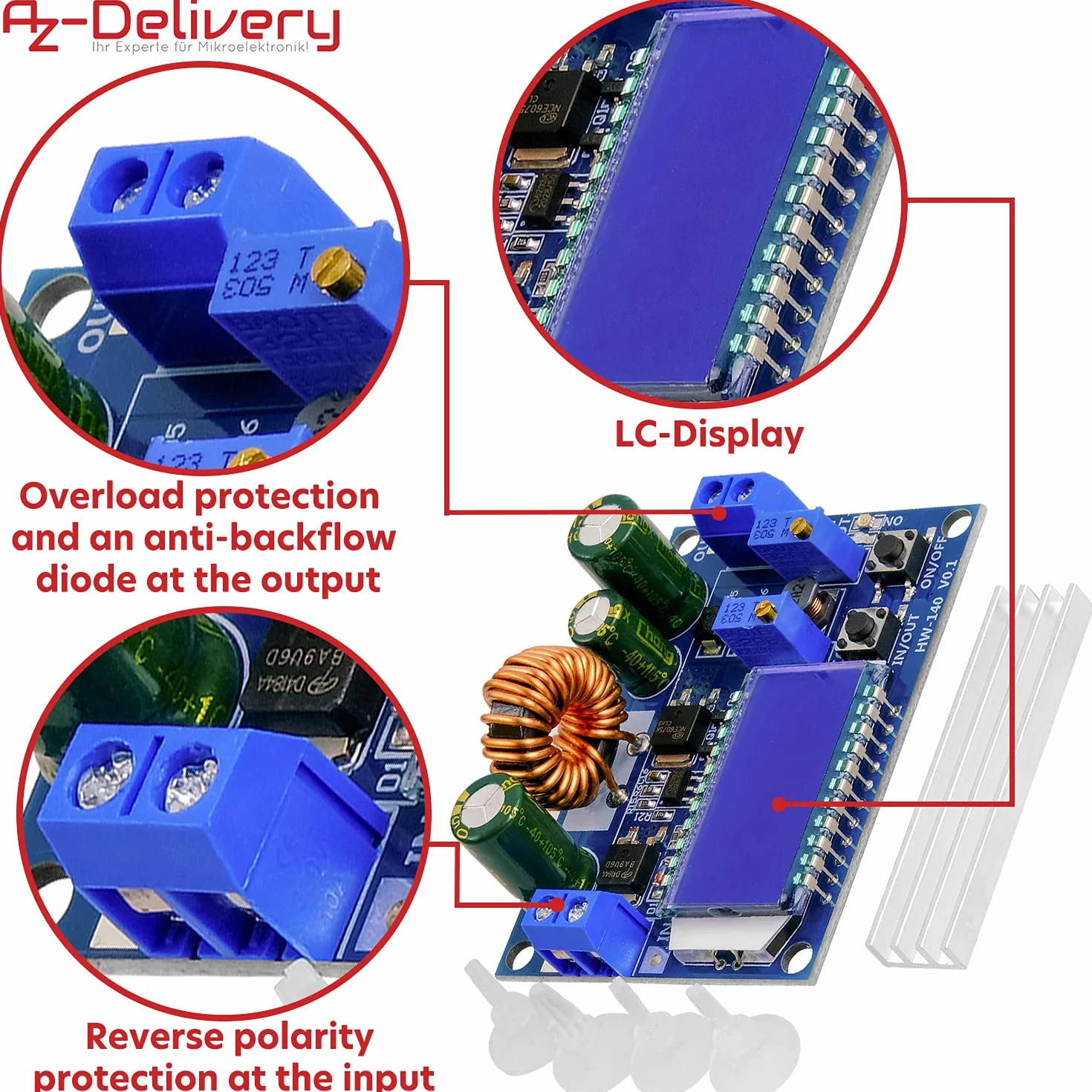 AZDelivery HW-140 Konwerter DC-DC Buck Boost Automatyczny step up/down, woltomierz i amperomierz wyświetlacz LCD, konwerter napięcia 3A 5,5V-30V do 0,5V-30V kompatybilny z Arduino w tym E-book!