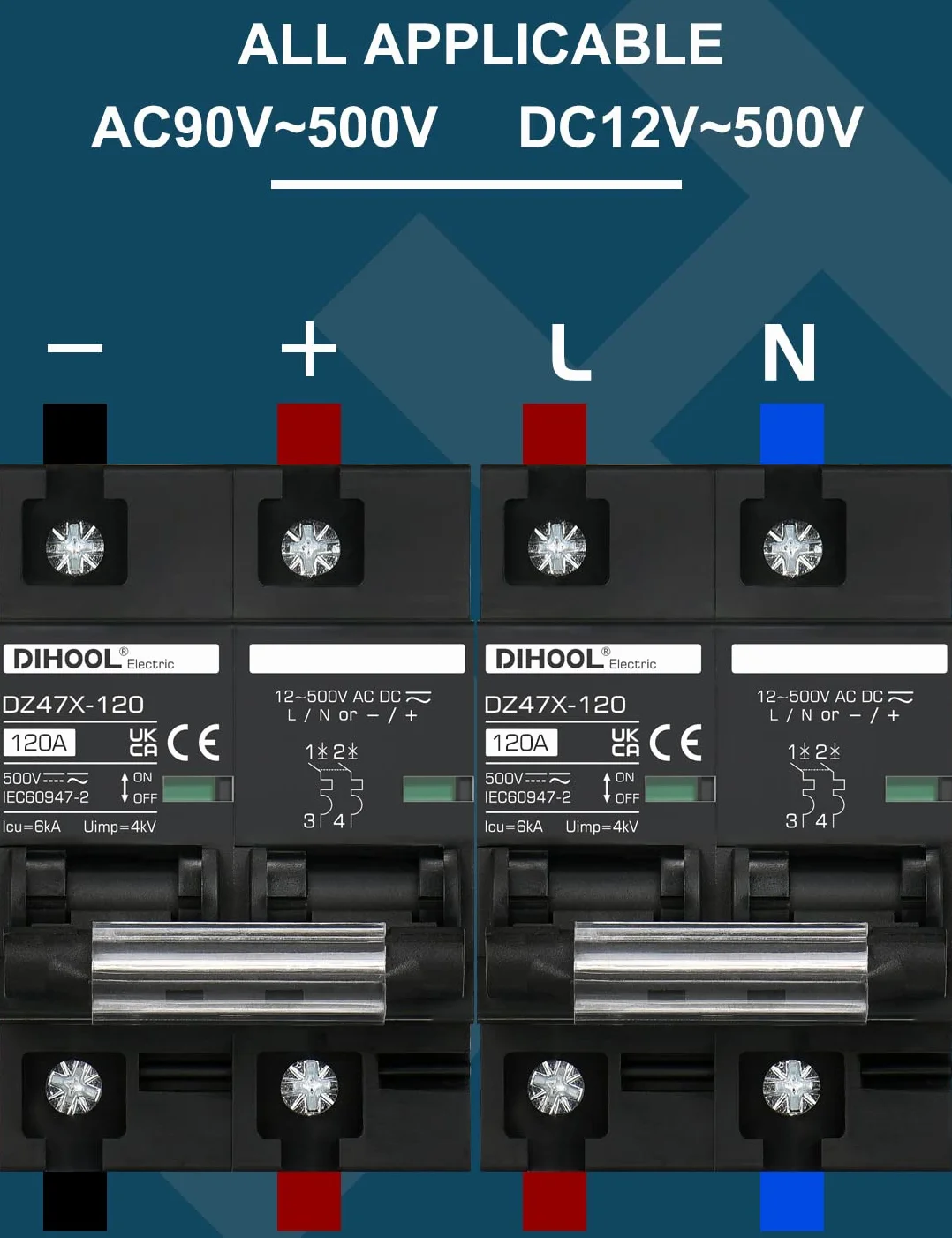 DIHOOL Wyłącznik DC 12V 24V Solar PV Bezpiecznik fotowoltaiczny automatyczny (DC500V,2 Pole 125A)