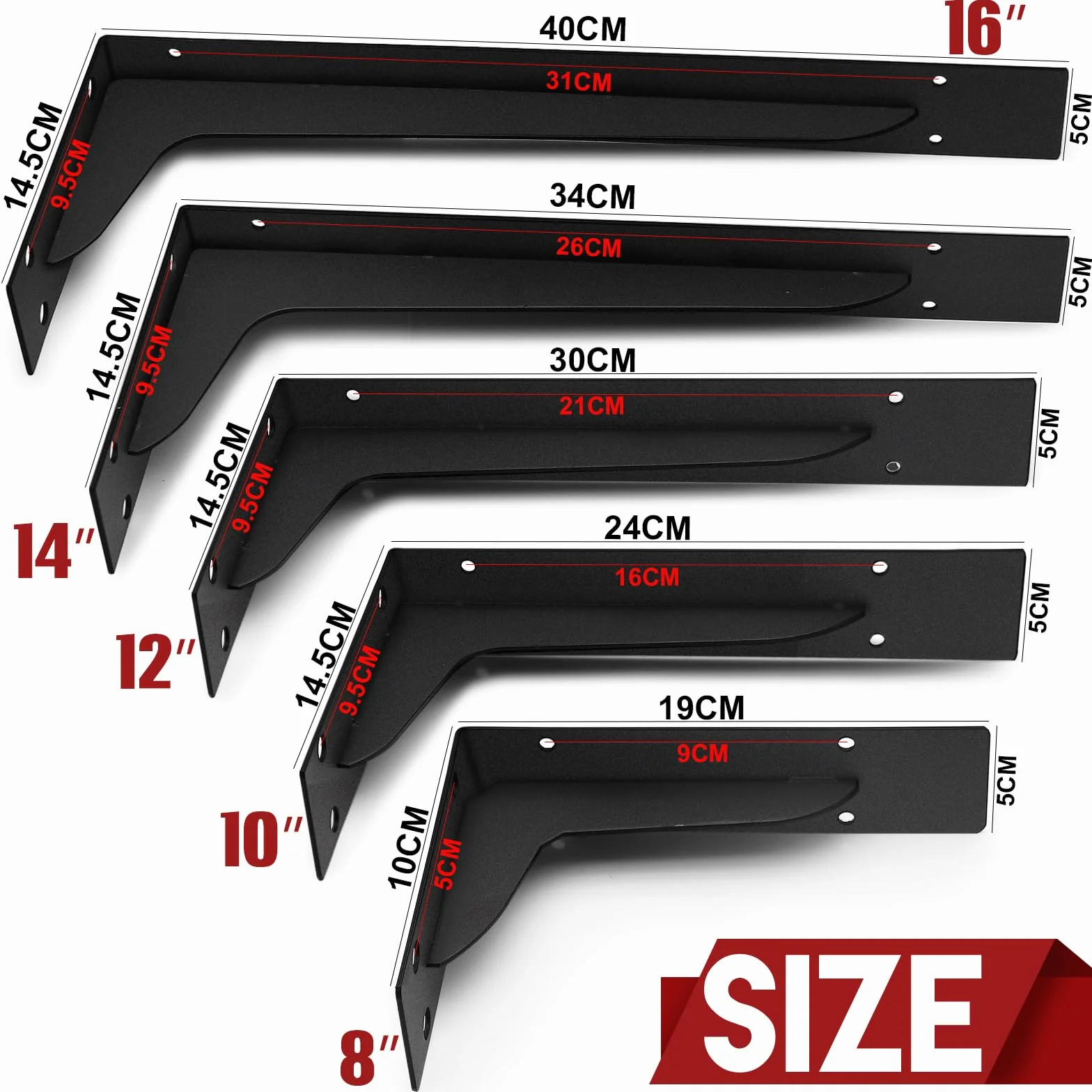 Wytrzymałe wsporniki półek, 2 szt., czarne, żelazne, 25 cm, L z mocowaniami ściennymi, montowane na ścianie, metalowe wsporniki półek do garażu, kuchni, regałów na książki, pomieszczeń gospodarczych