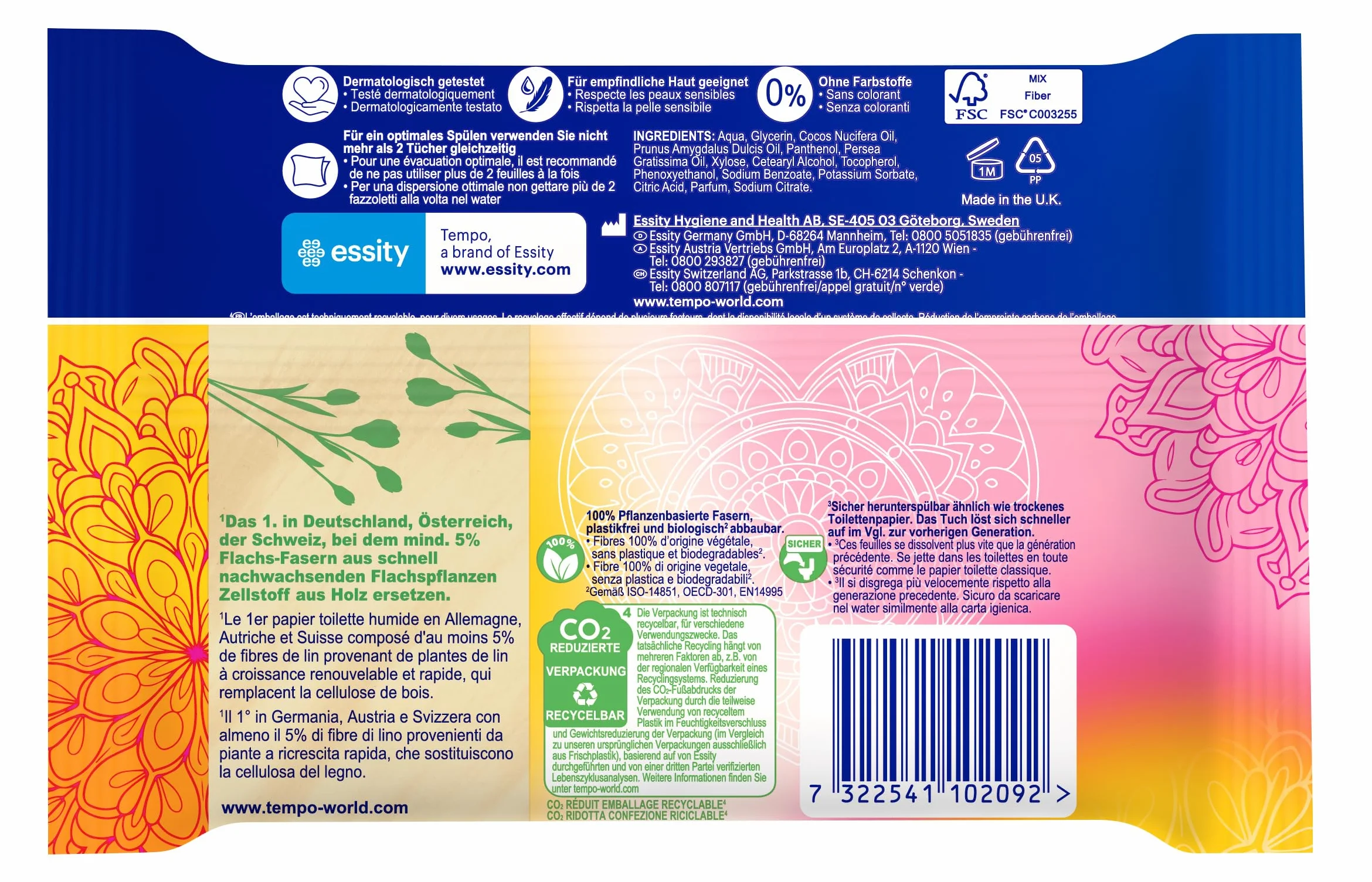 Tempo Mein VerwöhnMoment Limited Edition mokry papier toaletowy – zmieniające się wzory, bez barwników, możliwość ponownego zamknięcia, opakowanie ekonomiczne, 16 x 42 chusteczki nawilżane