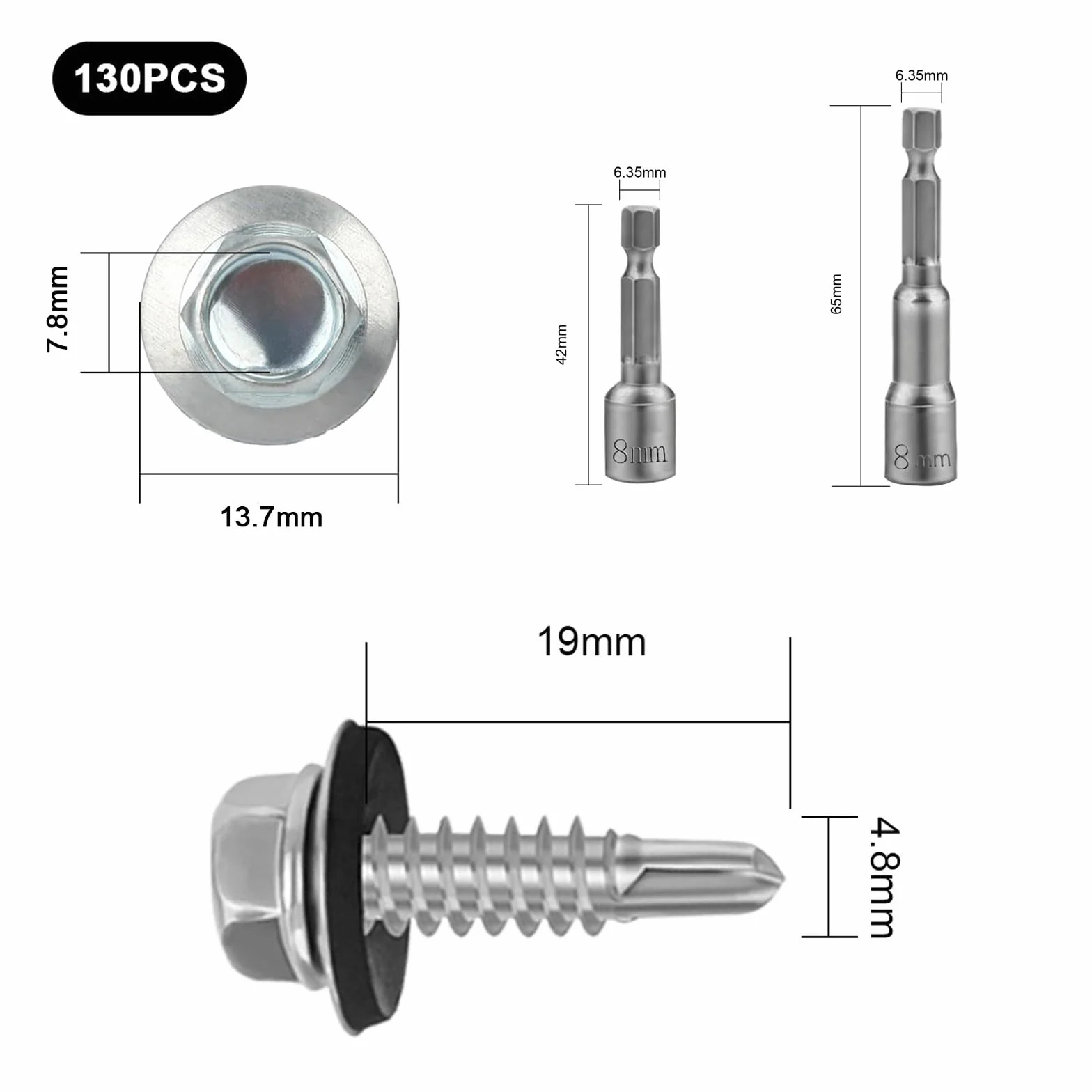 130 sztuk wkrętów do blachy trapezowej, wkręty samogwintujące, 4,8 x 19 mm, wkręty z łbem sześciokątnym, wkręty z podkładką uszczelniającą, wkręty samowiercące do stali, blachy, śruby metalowe
