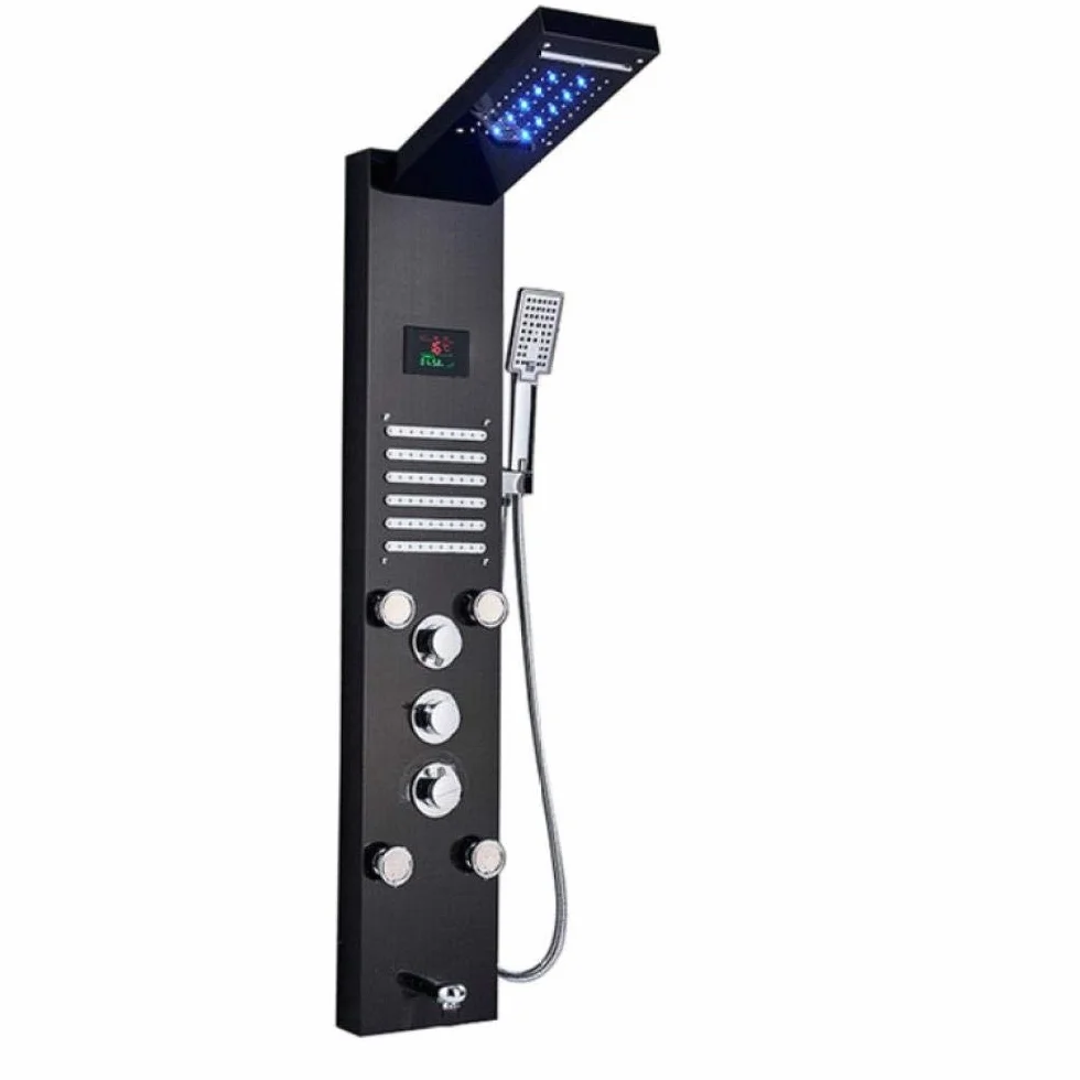 Panel prysznicowy ze światłem LED, kran, głowica prysznicowa typu wodospad, deszczownica, kolumna prysznicowa z dyszami do masażu SPA, cyfrowy wyświetlacz temperatury wody