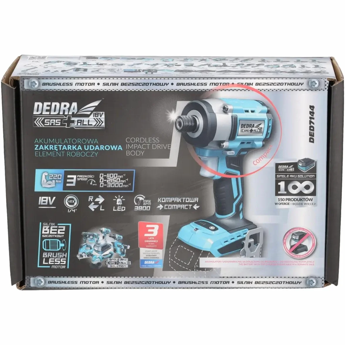 Dedra DED7144 – zakrętarka bezszczotkowa kompaktowa 18 V, moment obrotowy 220 Nm, 3 prędkości obrotowe, uchwyt 1/4" HEX, LED, ergonomiczna rękojeść