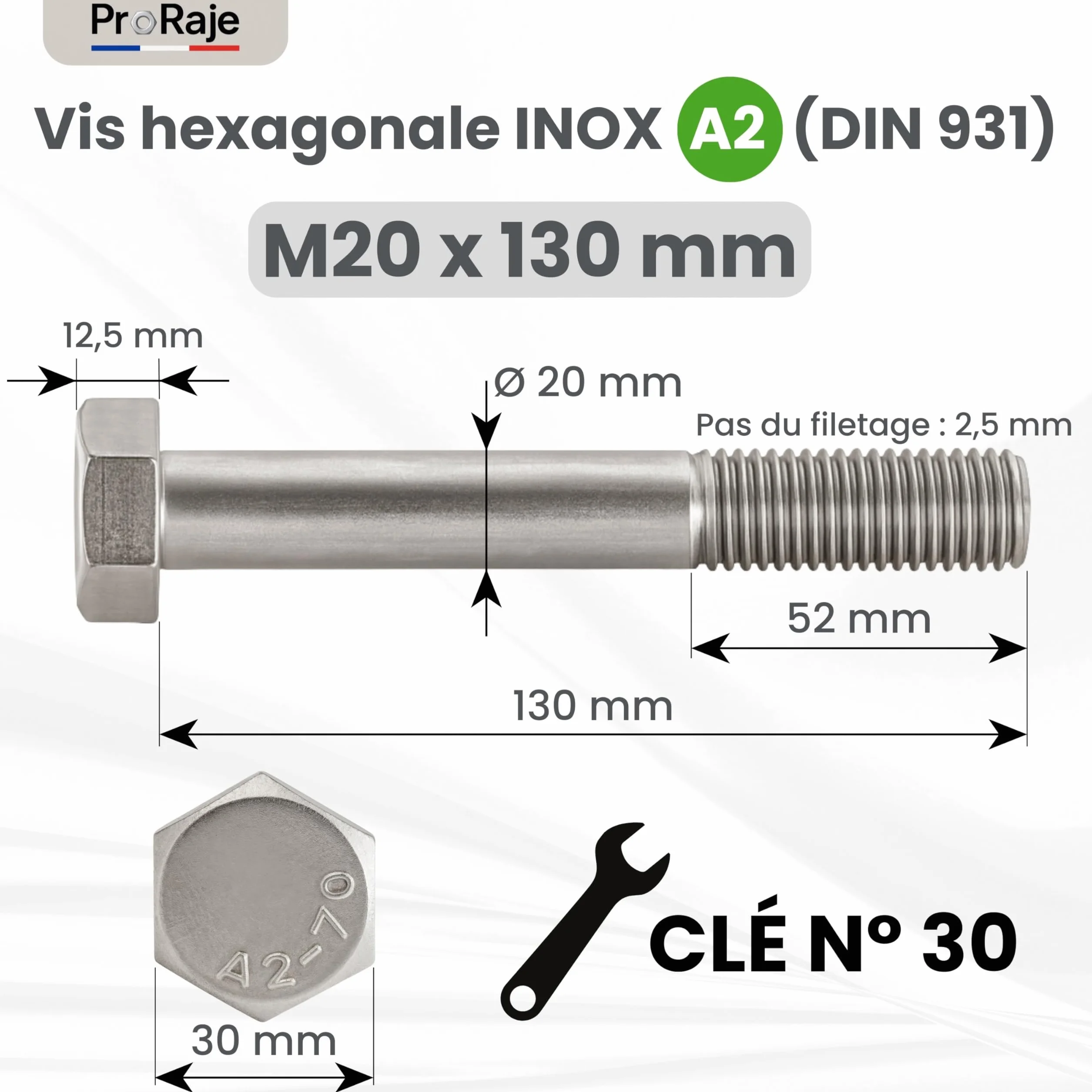 Śruba ze stali nierdzewnej M20x130 mm z gwintem częściowym (52 mm) łeb sześciokątny (M20 x 130) - Stal nierdzewna A2 (304) - Śruby z łbem H (TH) - DIN 931: Zestaw 10 szt