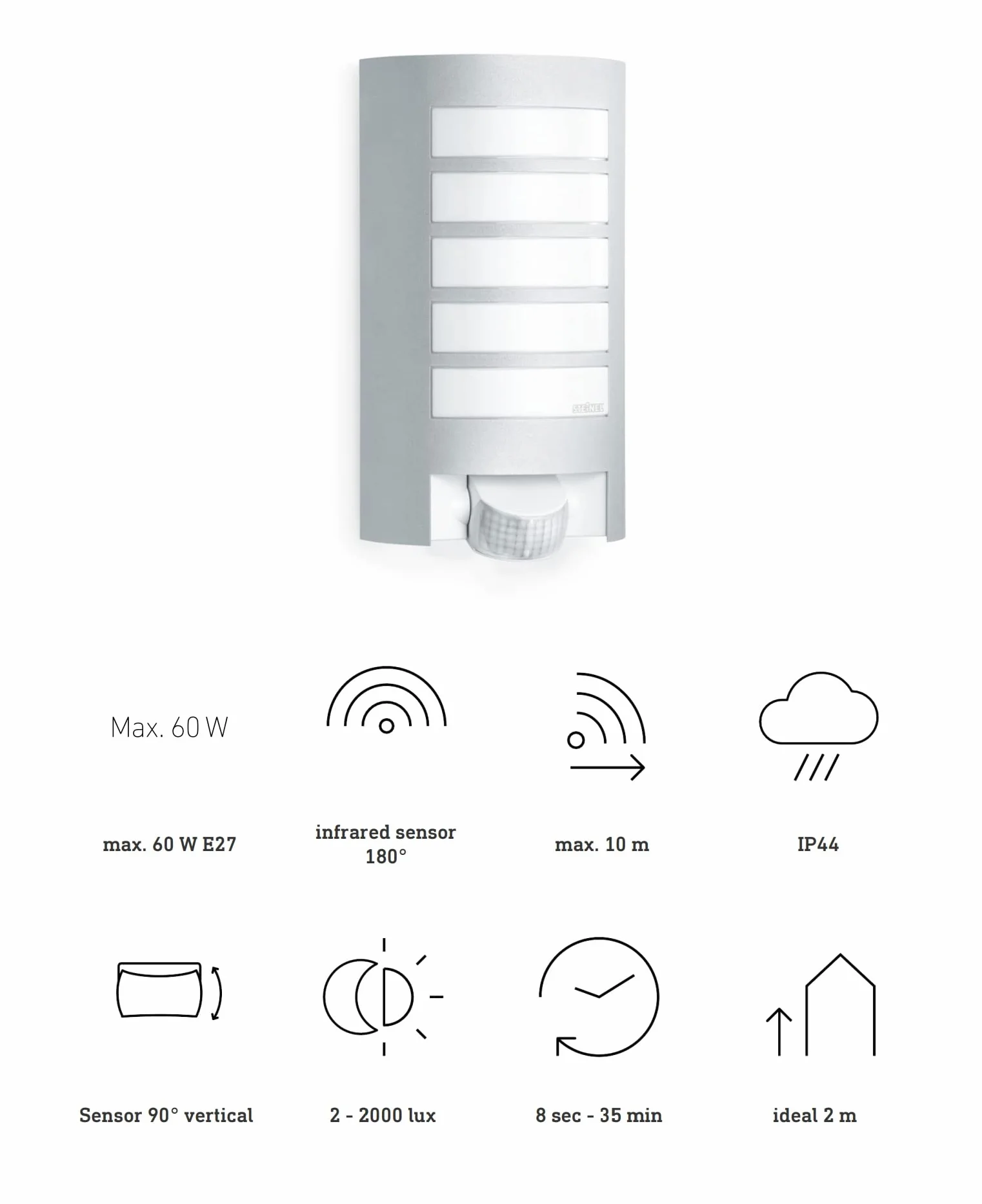 Steinel Lampa zewnętrzna L 12 S srebrna, czujnik ruchu 180°, zasięg 10 m, solidna aluminiowa osłona, E27, maks. 60W, kinkiet