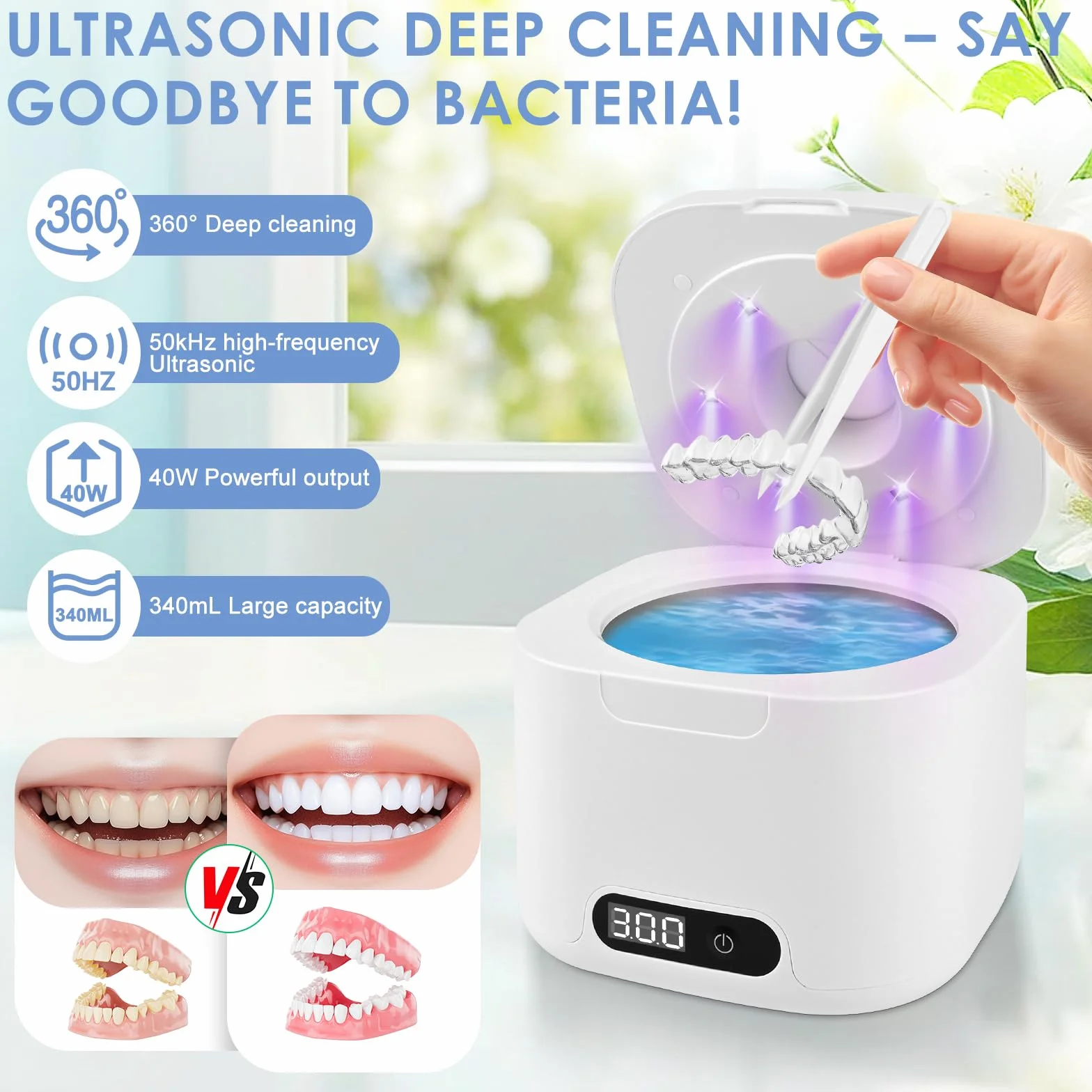 Ultrasonic Cleaner Dental Pod, 50 000 Hz z 6 lampami UV i 340 ml, wysoka moc 40 W, do protez, biżuterii, protez, korektorów, kolor biały