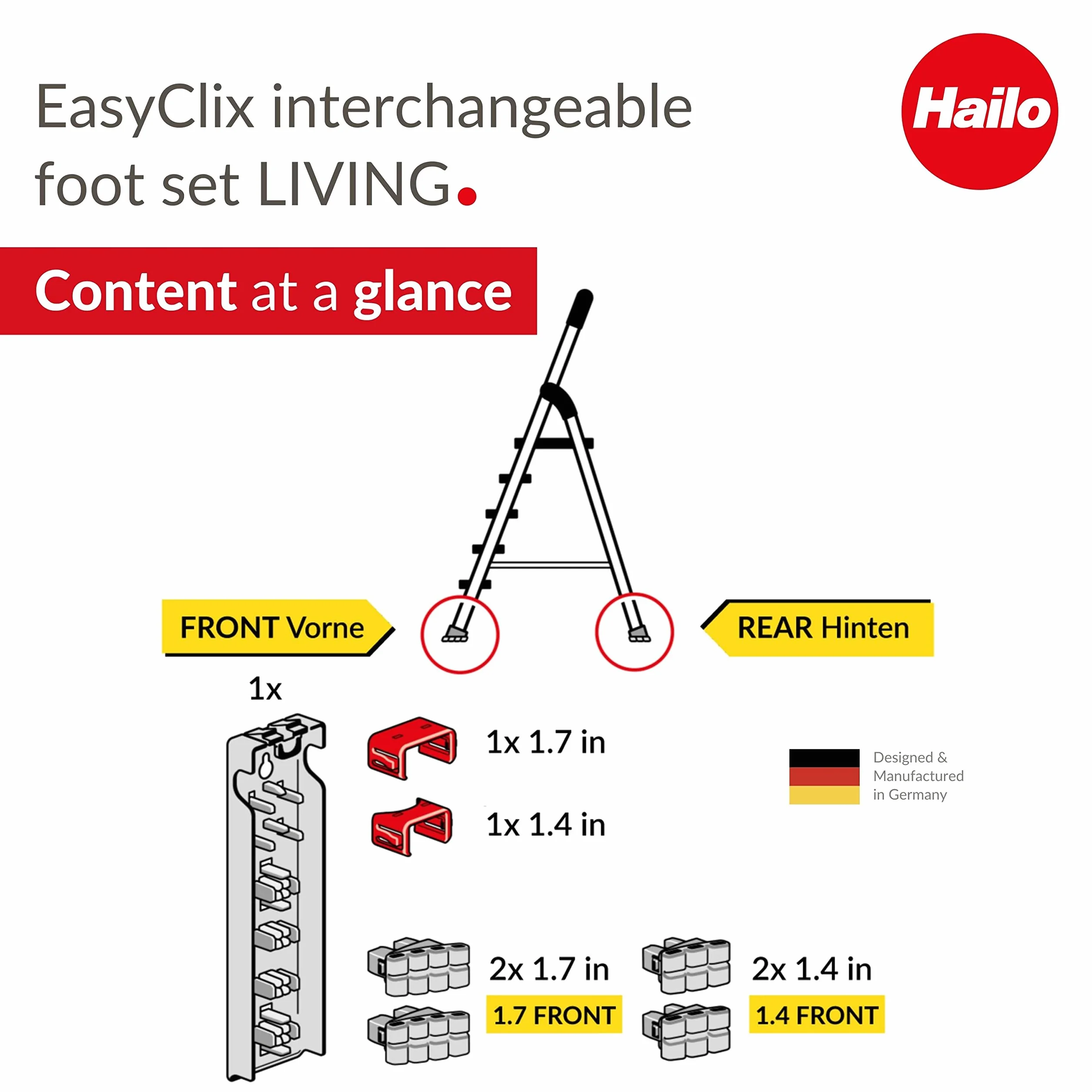 Hailo EasyClix Living Size L – zestaw wymiennych nóżek do drabin stojących Hailo – łatwa i szybka wymiana – chroni wrażliwe podłogi przed zadrapaniami i paskami – antypoślizgowa podstawa – miękki