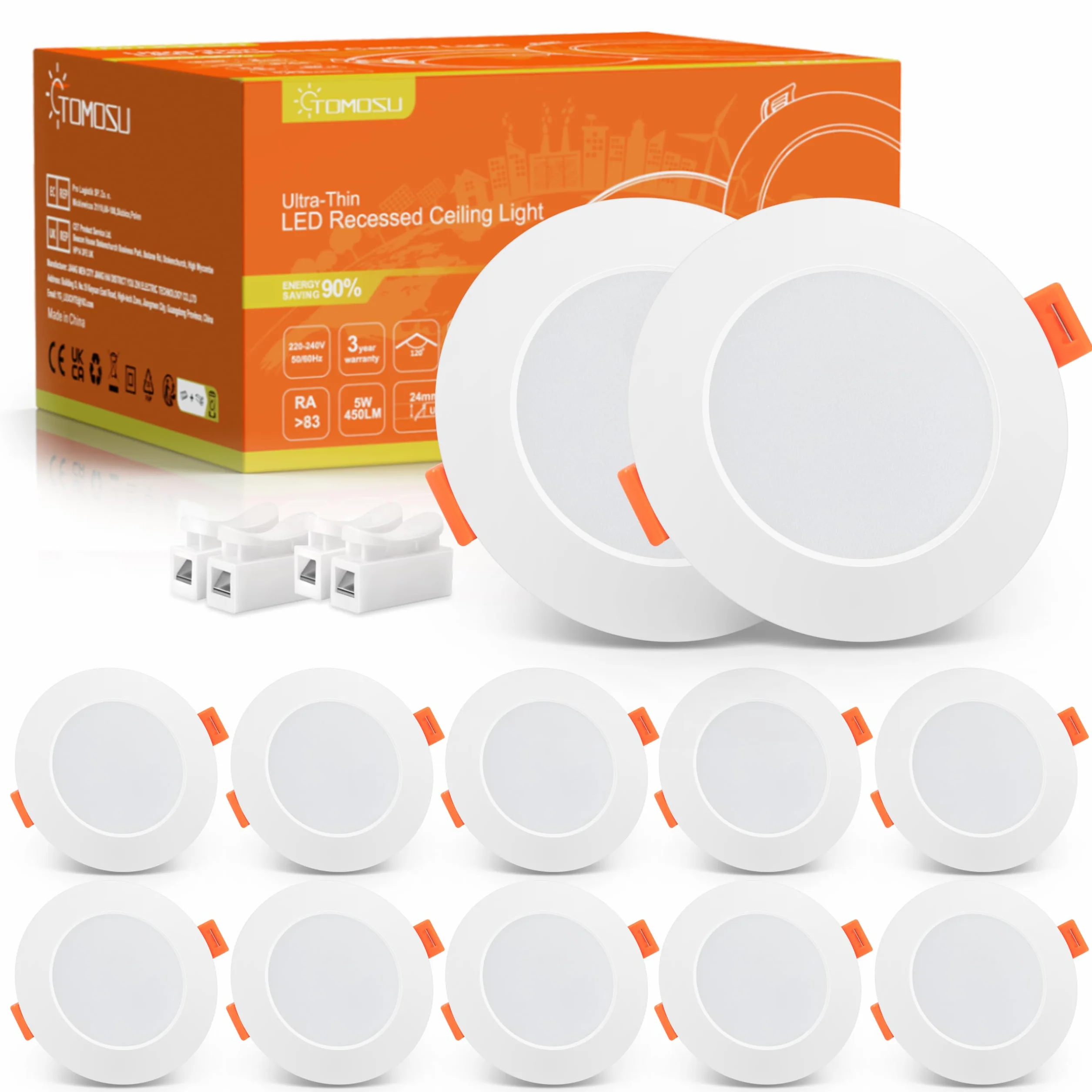 Tomosu Oprawy sufitowe do sufitu, naturalna biel, 4000 K, 5 W, oświetlenie sufitowe, 450 lm, cięcie Ø 75-90 mm, ultra cienkie, wpuszczane lampy sufitowe do łazienki, nieściemniane, 10 sztuk