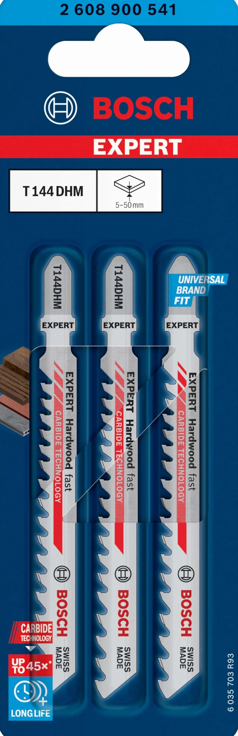 Bosch 3x Brzeszczot do wyrzynarki EXPERT Hardwood fast T144DHM (do Twarde drewno, Plastikowe drewno WPC, Długość 100 mm, Professional Akcesoria Wyrzynarka)