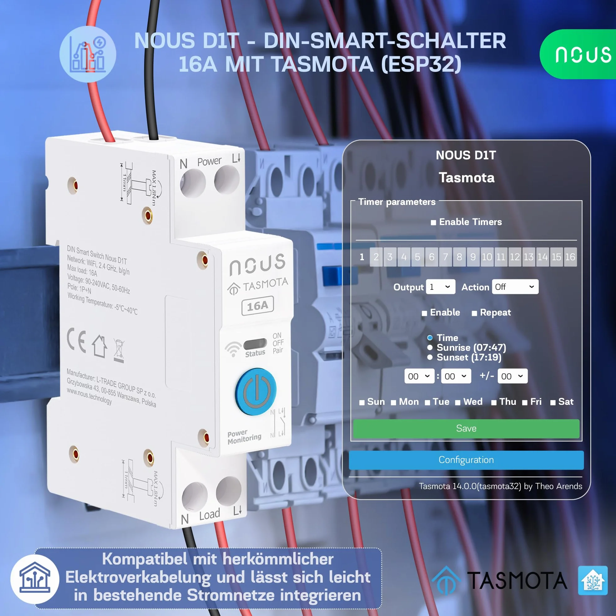Nous Inteligentny przełącznik DIN 16 A z Tasmota (ESP32), monitorowanie energii, kompatybilny z MQTT, Home Assistant, Matter, sterowanie głosem za pomocą Alexa, Google Assistant