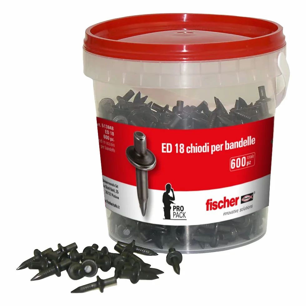 Fischer ED 18 pudełek, gwoździe perkusyjne, 600 sztuk, idealne do mocowania listew i gafek, mocowanie bez nawiercenia, słoik zawiera 600 gwoździ, 513848