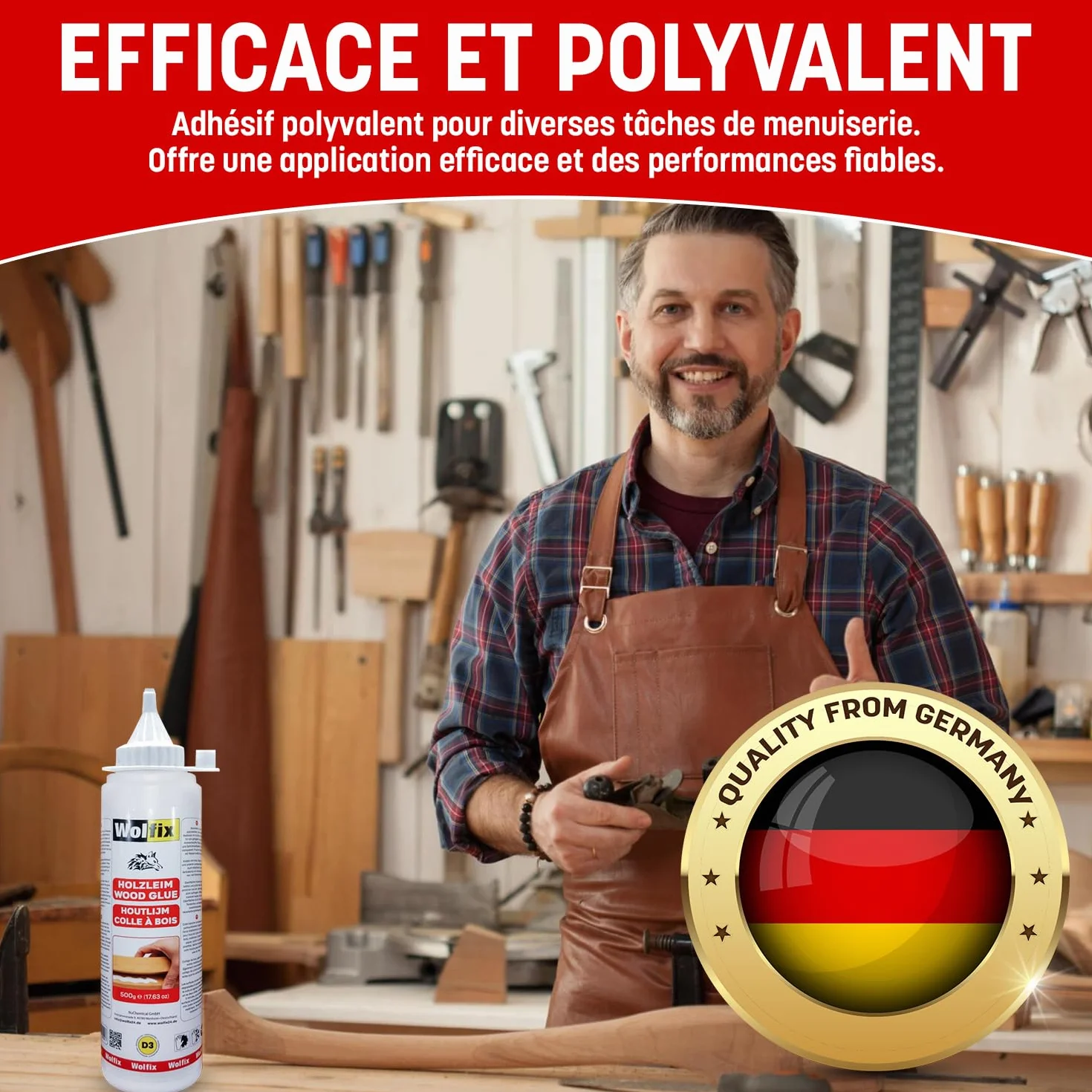 Wolfix Klej do drewna, 500 g, D3 PVA PVAc, wodoodporny klej do drewna, uniwersalny klej do wszystkich gatunków drewna